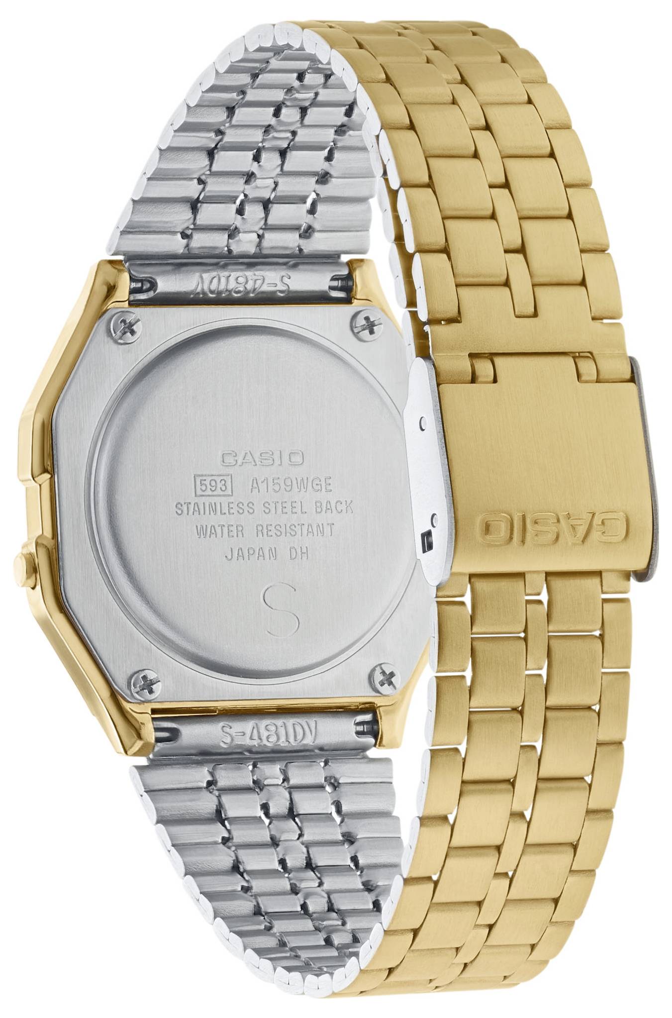 Zadní strana hodinky Casio s stříbrným dnem pouzdra a dvoubarevným páskem v kombinaci zlaté a stříbrné barvy.