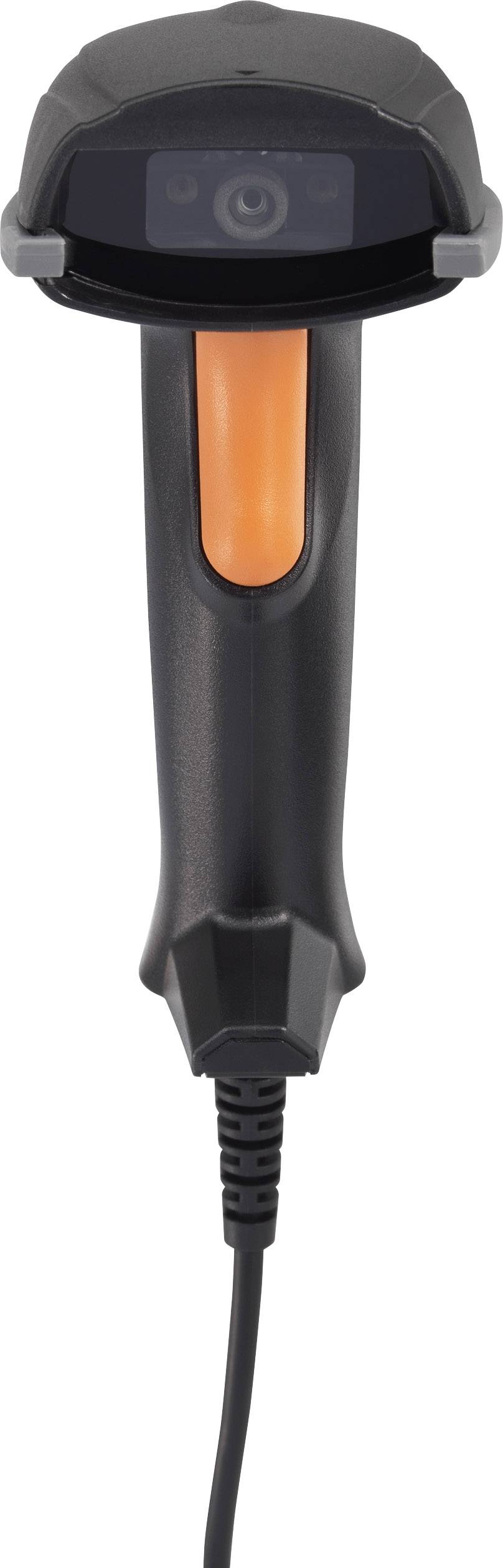 Ruční skener v černé a oranžové barvě, který se používá ke skenování čárových kódů. Kabel vyčnívá z dolního konce zařízení.