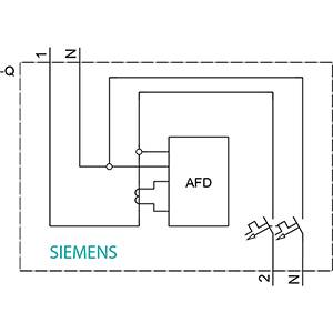 Schéma elektrického obvodu ochranného spínače s označením 'AFD', propojený s dalšími komponenty. Název 'SIEMENS' je viditelný.