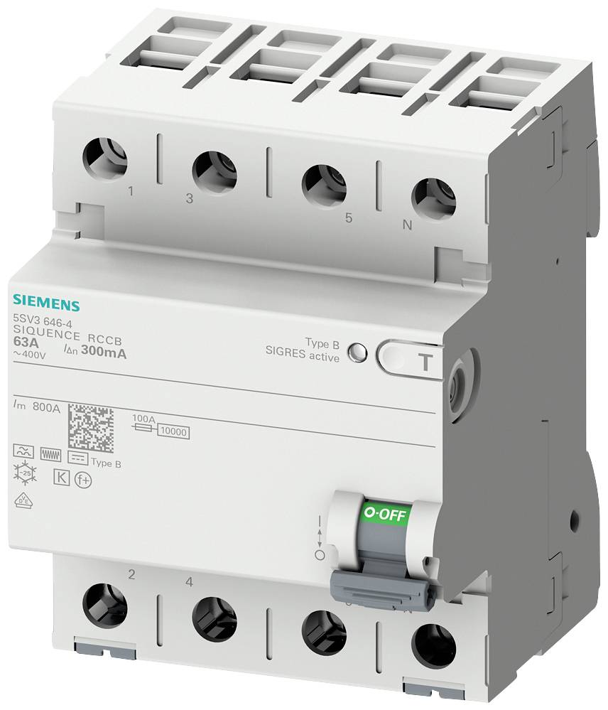 Jistič Siemens FI (proudový chránič) s pákovým spínačem v poloze 'Vypnuto'. Vhodný pro 63A, typ B, 300mA, 4-pólový.