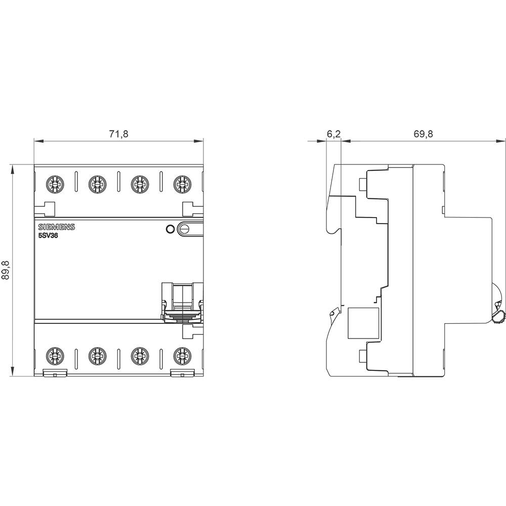 Technický výkres elektrické součástky s rozměry: 88,8 x 71,8 x 69,8 mm. Zobrazeny přední a boční pohled.