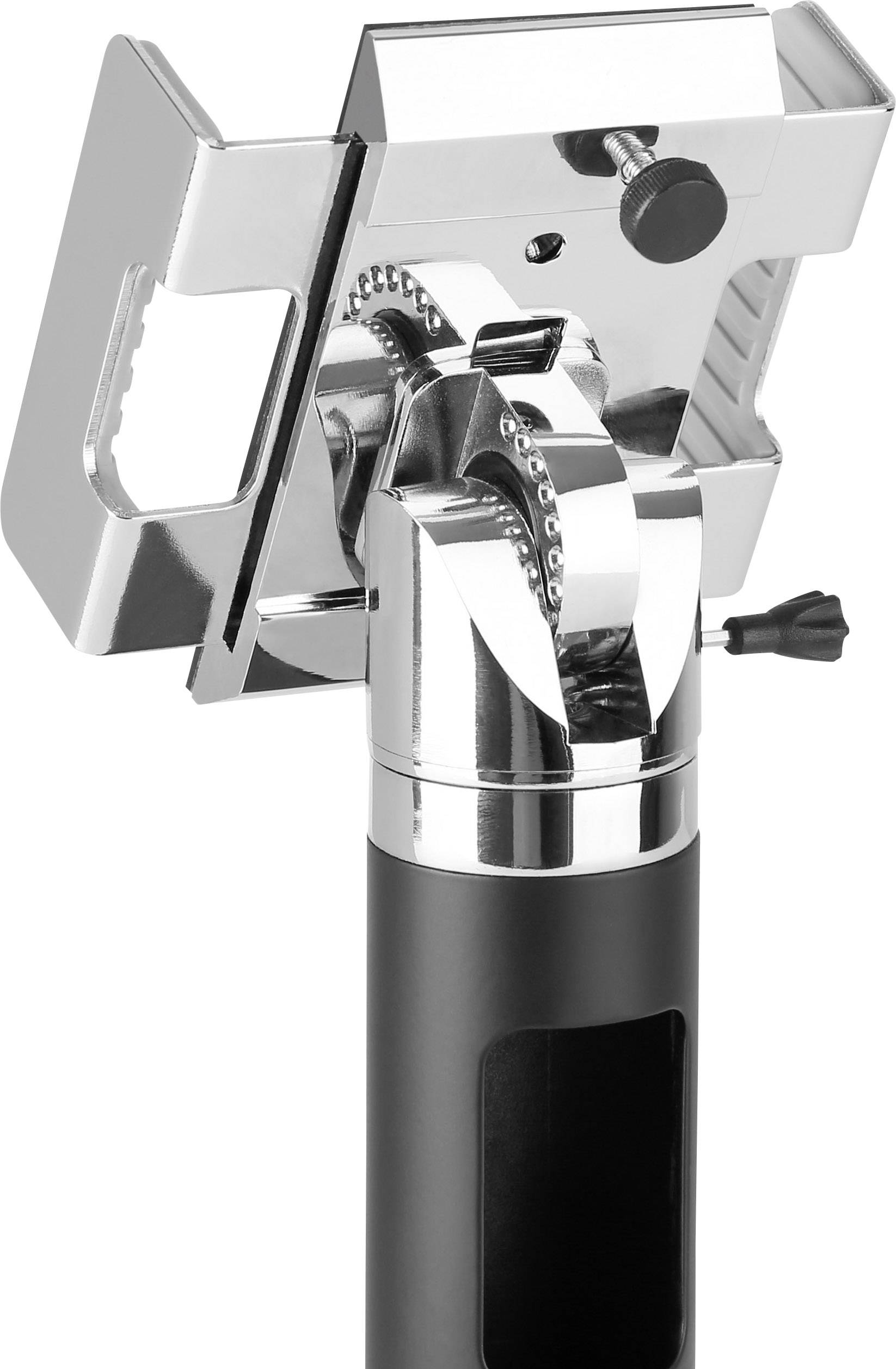 Kovový holicí strojek s nastavitelnou hlavou na černé rukojeti, vhodný pro precizní ruční holení.