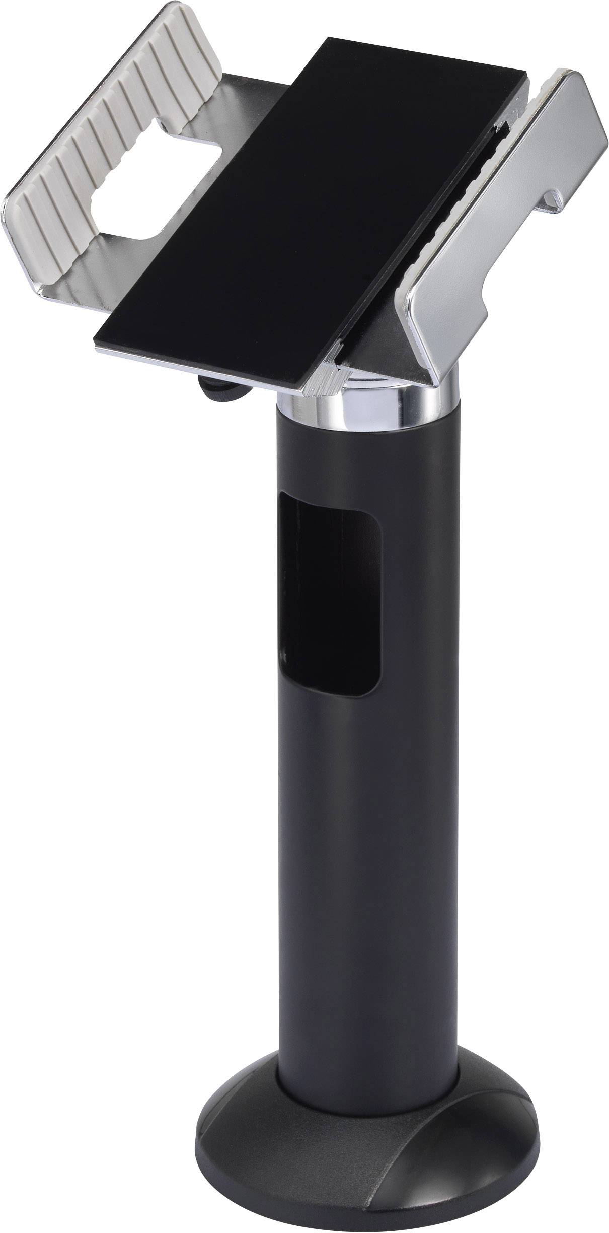 Černý a stříbrný kovový stojan s držákem, vhodný pro prezentaci tabletů nebo malých monitorů.