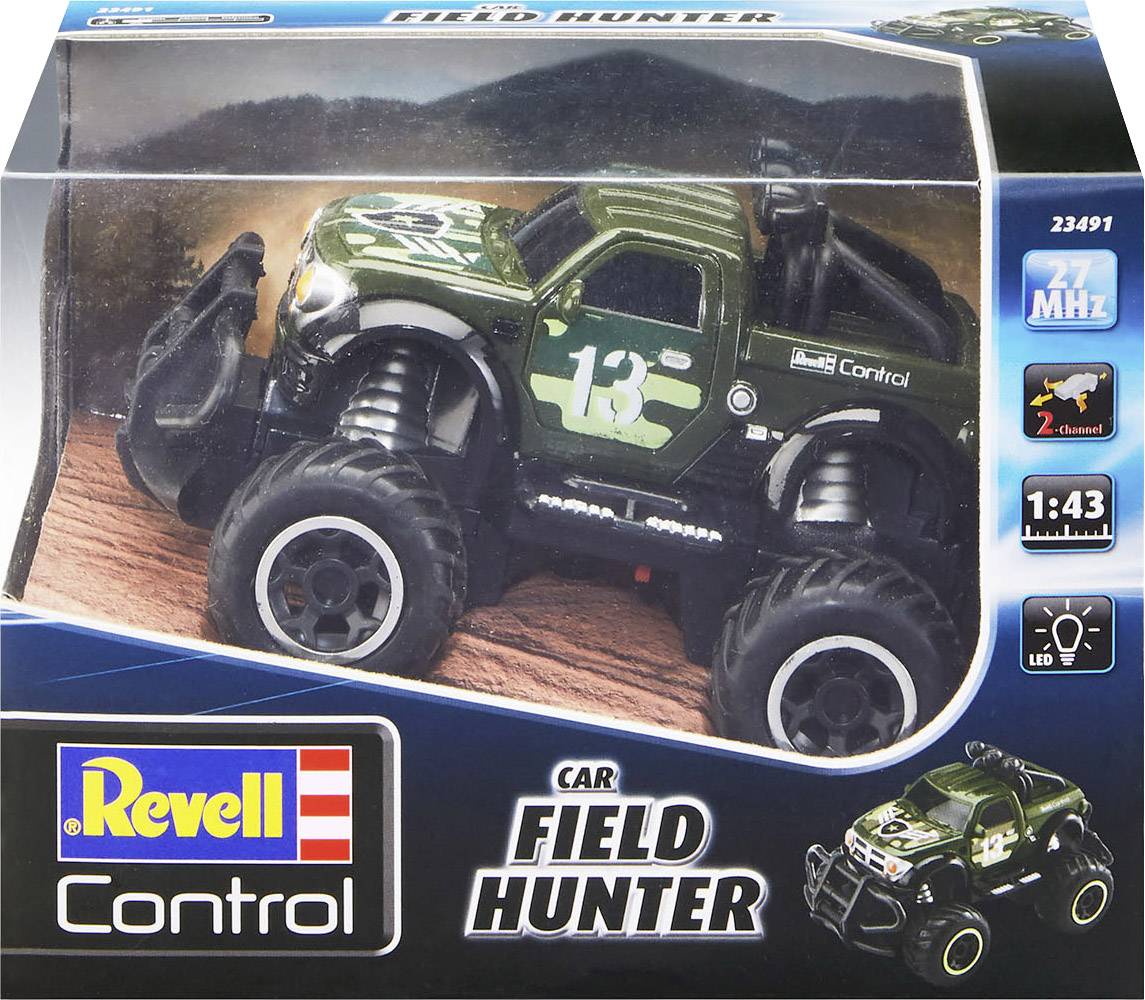 Dálkově ovládané auto 'Field Hunter' od Revell Control, zelené s maskáčovým vzorem, v originálním balení, měřítko 1:43, 27 MHz, LED osvětlení.