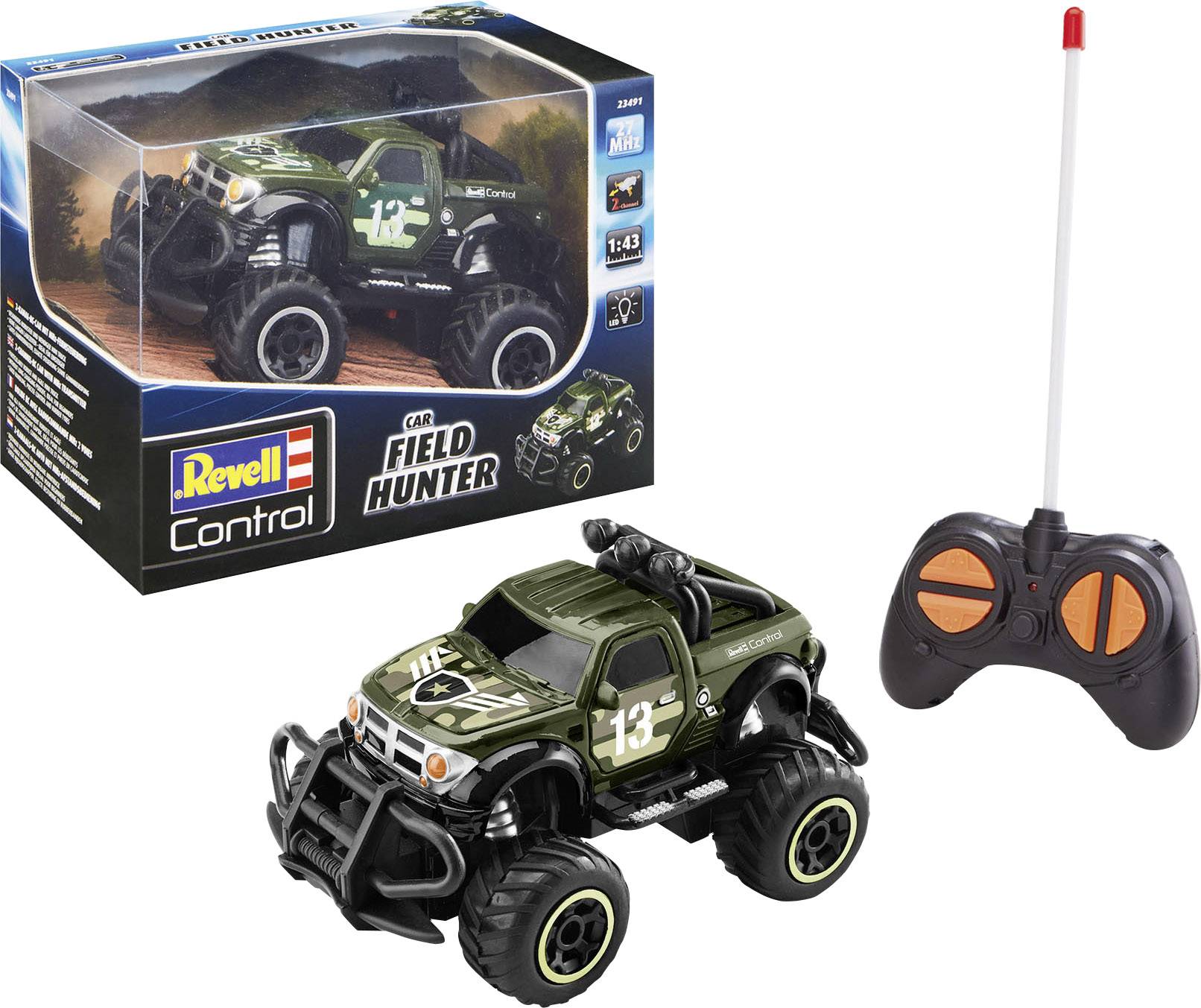 Zelené dálkově ovládané hračkářské auto 'Field Hunter' s číslem 13, včetně dálkového ovládání a obalu se stejným zobrazením auta.
