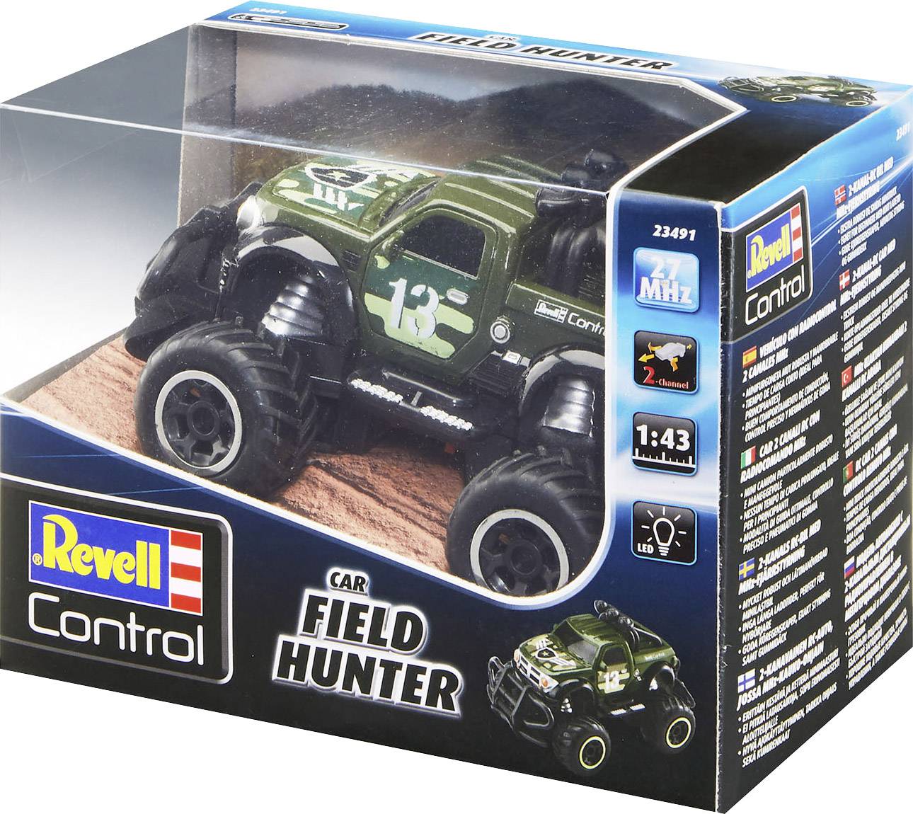 Obal hračky zobrazuje zelený terénní RC truck 'Field Hunter' v měřítku 1:43. Obsahuje technické specifikace.