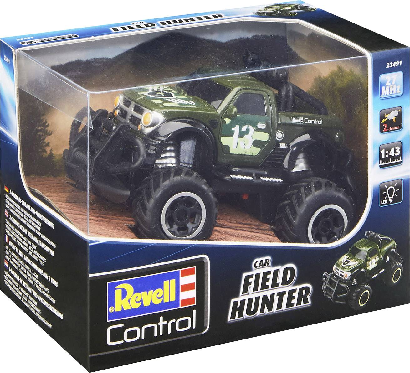 Dálkově ovládané auto 'Field Hunter' od Revell Control s frekvencí 27 MHz, v měřítku 1:43, v zeleno-černém designu.