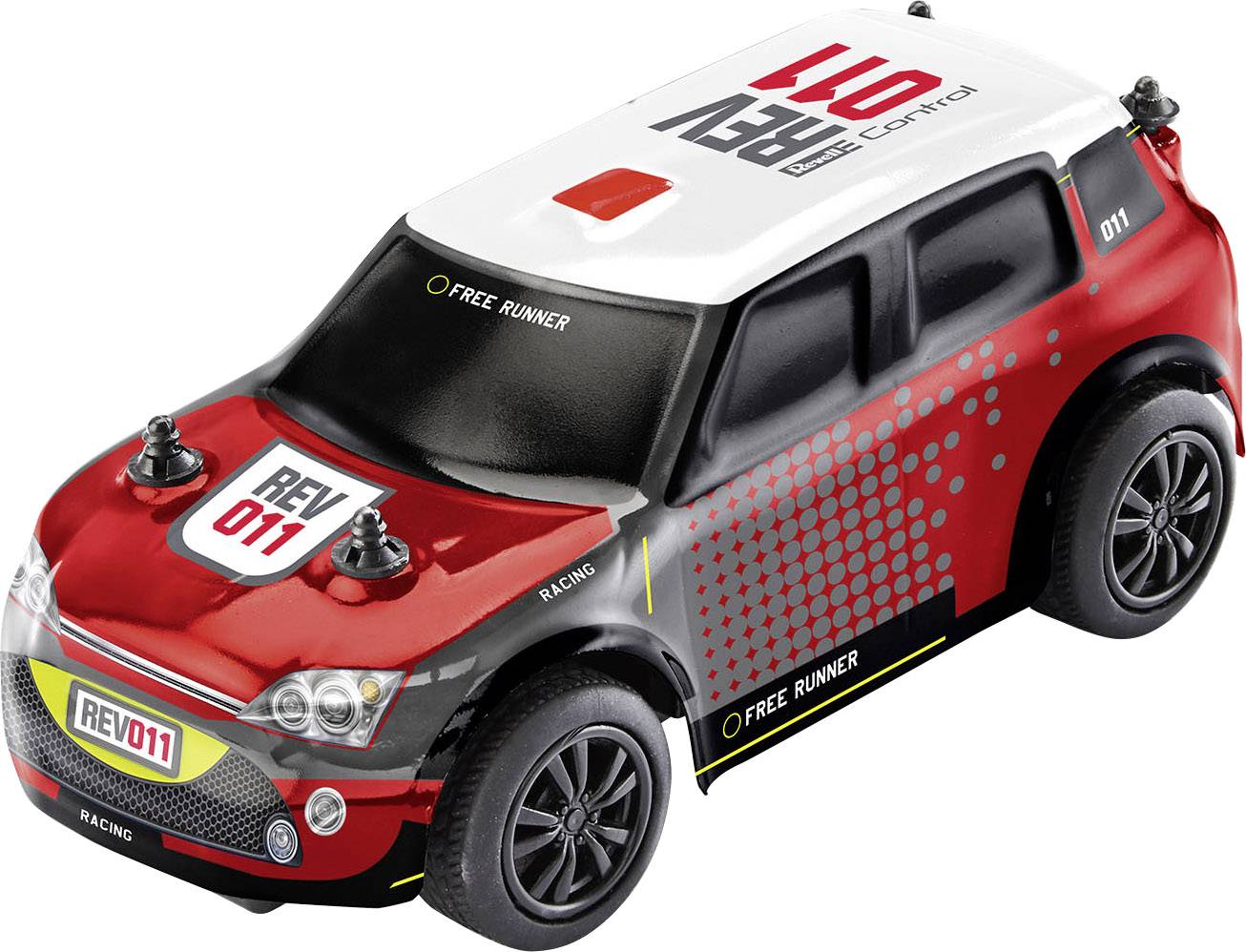 Hračkový závodní vůz ve stylu rallye s nápisem 'REV 011' na kapotě a boku. Hlavní barvy jsou červená, bílá a černá.