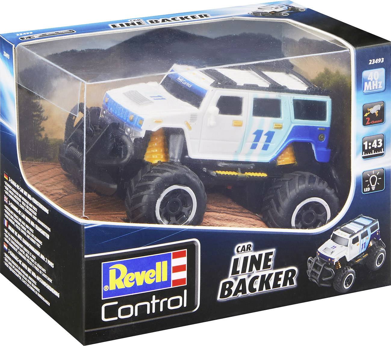 Hračkové autíčko 'Revell Control' v měřítku 1:43 v krabičce; modro-bílý design s číslem 11, vhodné pro děti od 8 let.