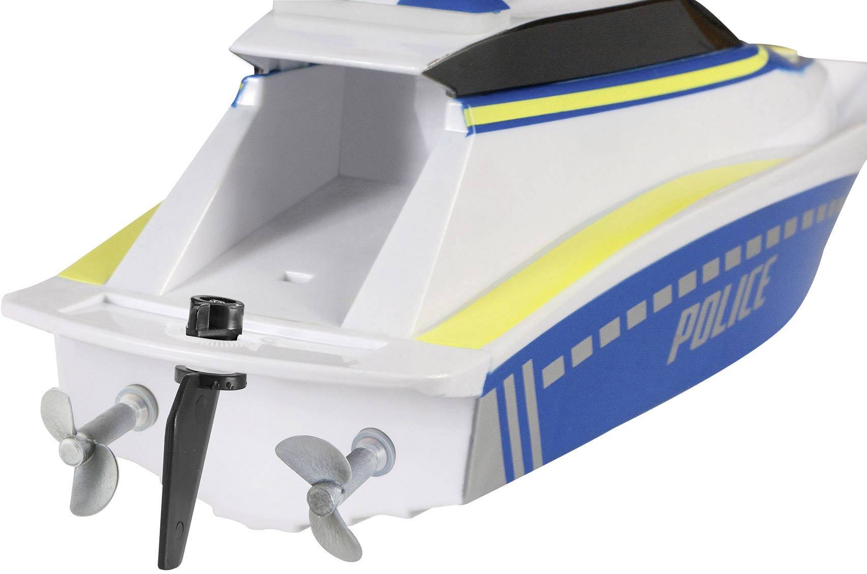 Hračkářská policejní loď s modro-žlutými pruhy a nápisem 'POLICIE', se dvěma zadními vrtulemi.