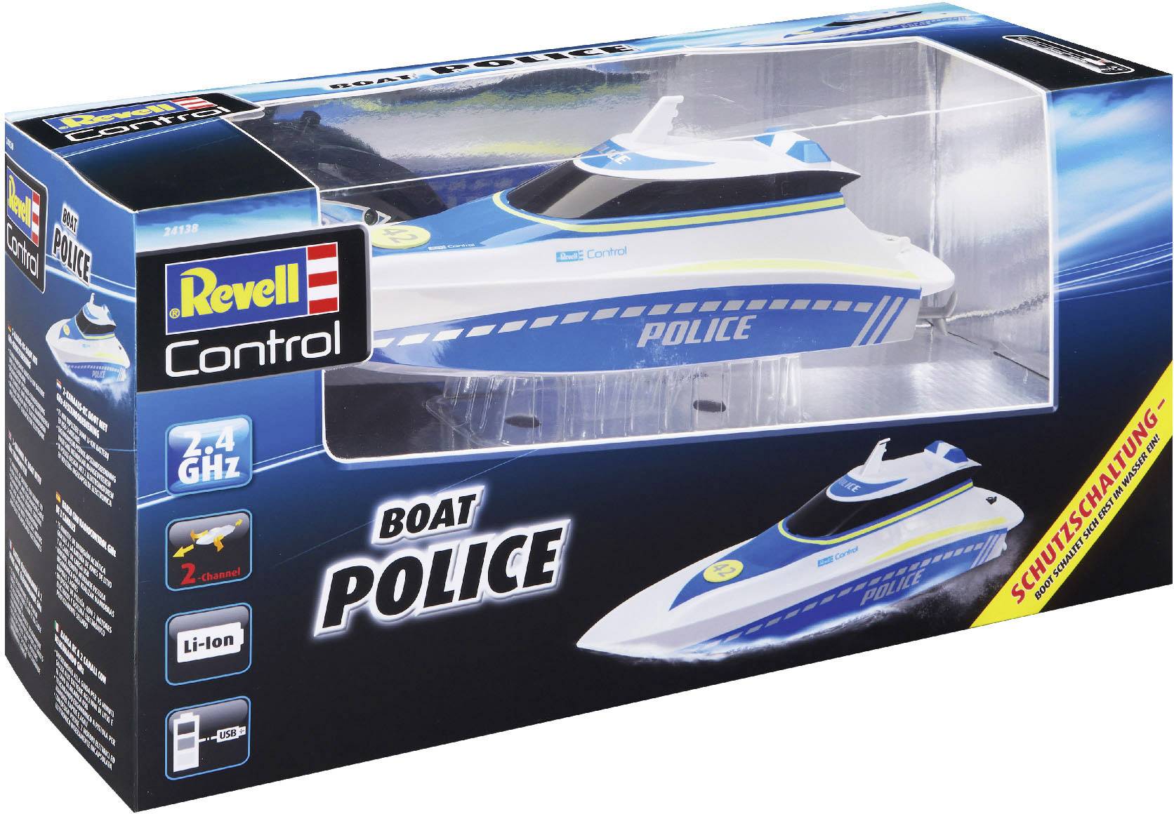 Hračka dálkově ovládaného policejního člunu od firmy Revell, balení zobrazuje bílo-modrý člun s nápisem 'POLICE', dálkové ovládání s frekvencí 7,4 GHz.