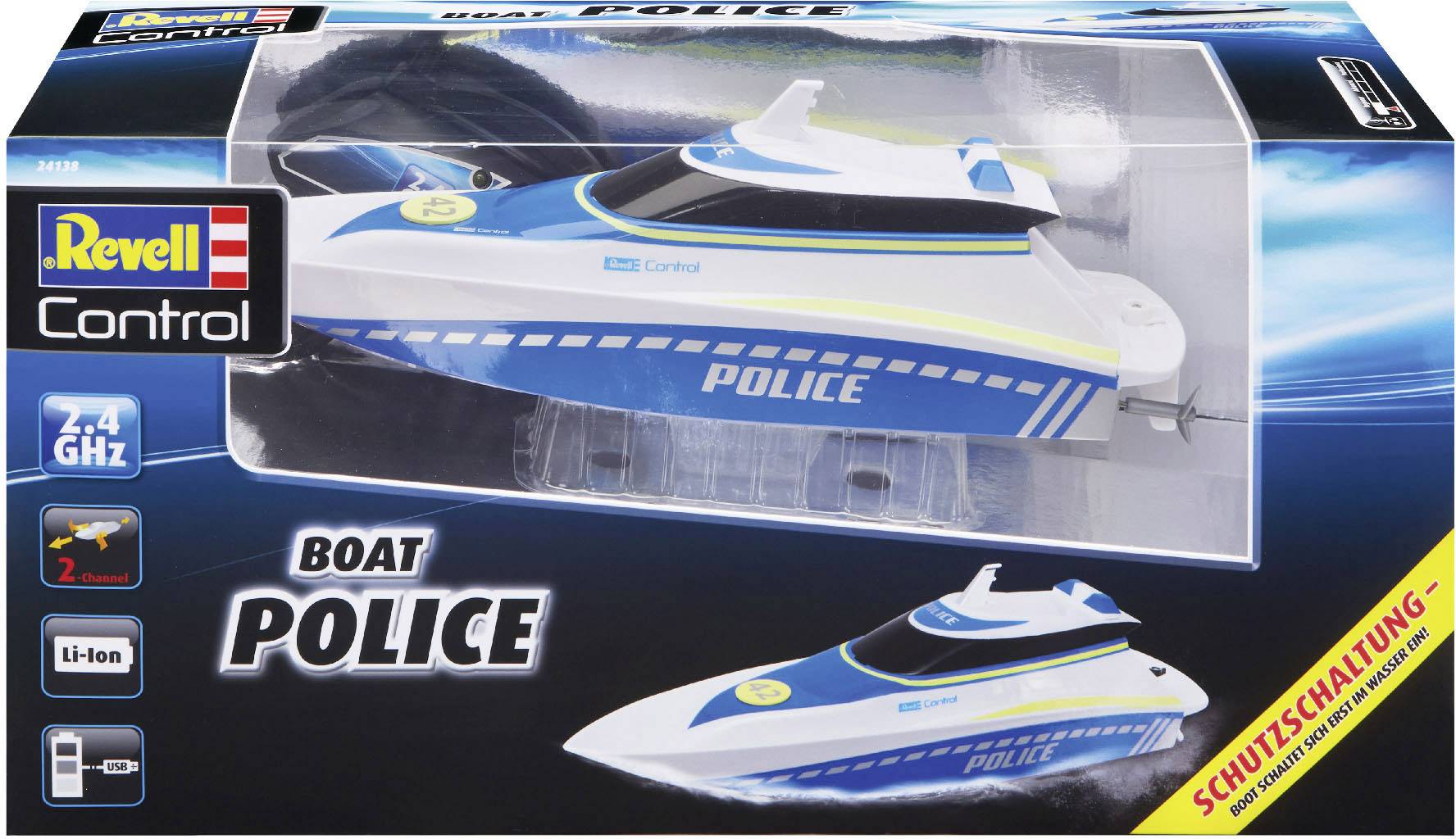 Dálkově ovládaná policejní RC loď v krabici, značka 'Revell', ovládání 2,4 GHz, Li-Ion baterie, doporučeno pro děti od 8 let.