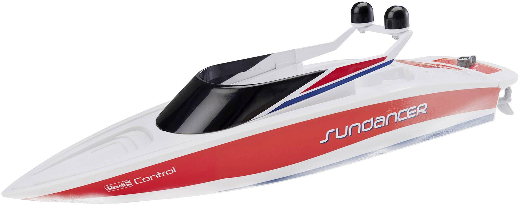 Červený modelářský motorový člun s nápisem 'Sundancer'.
