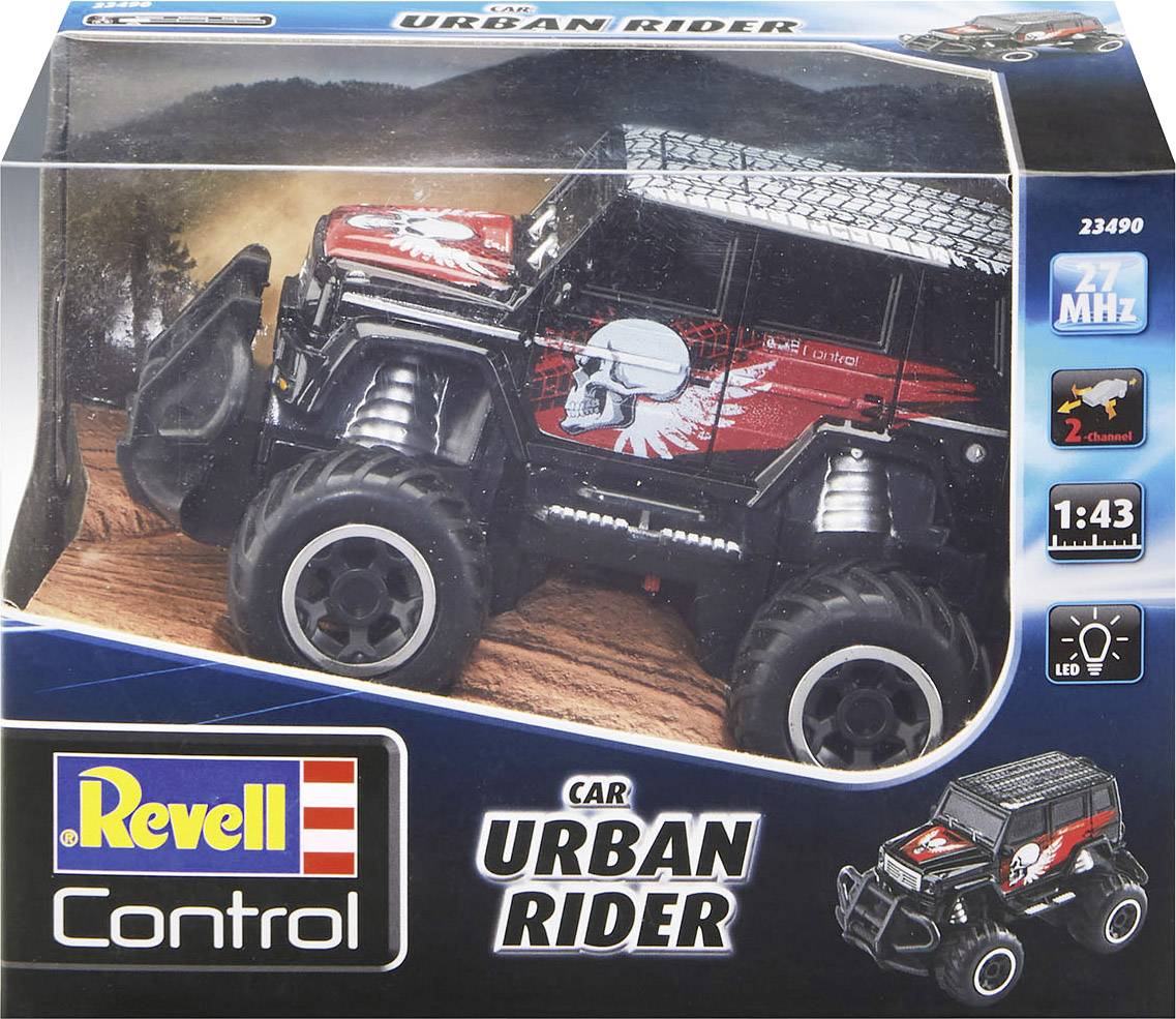 Dálkově ovládané auto 'Urban Rider' od Revell, měřítko 1:43, frekvence 27 MHz. Balení zobrazuje auto s designem lebky.
