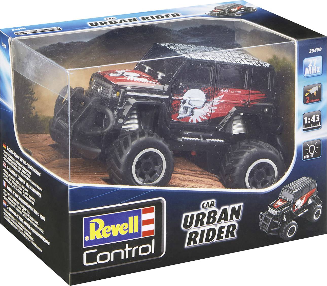 Dálkově ovládané auto 'Urban Rider' od Revell v měřítku 1:43, v originálním balení. Černý design s bílými a červenými grafickými prvky.