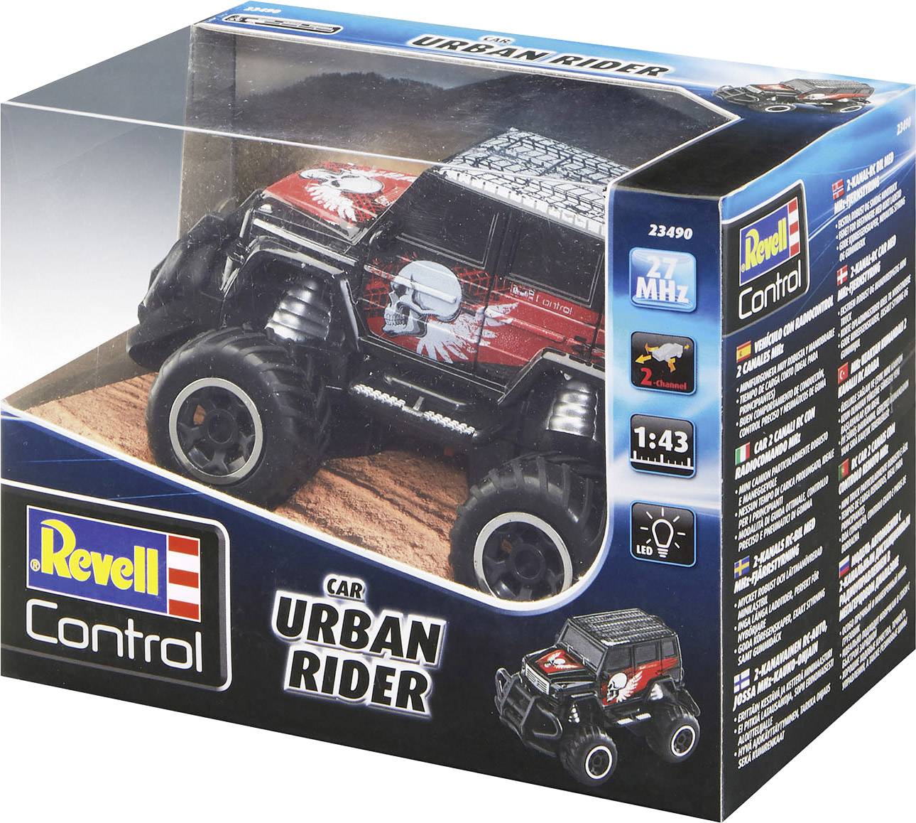 Dálkově ovládané auto 'Urban Rider' od Revell. Balení ukazuje vozidlo v černém a červeném designu s velkými koly. Měřítko 1:43.