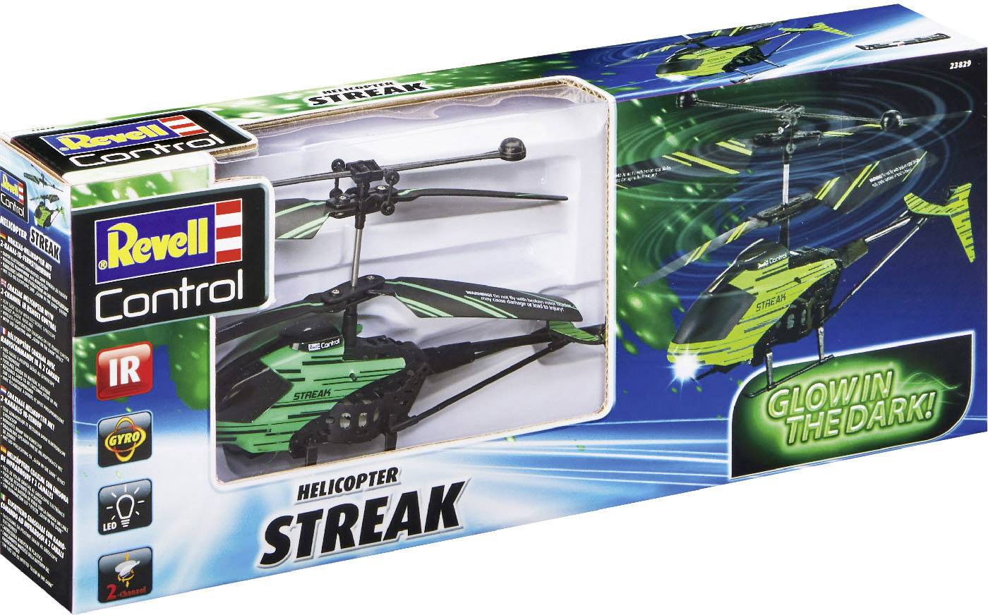 Dálkově ovládaný vrtulník 'Streak' od Revell, s designem v zelené a černé barvě. Balení zdůrazňuje světelný efekt ve tmě.