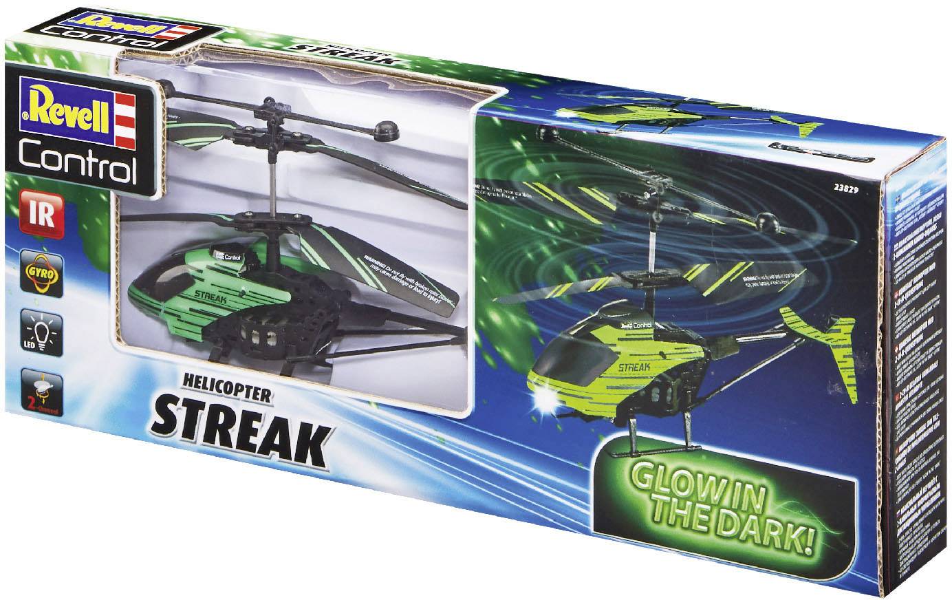 Obal pro 'Revell Control Helicopter Streak' zobrazuje dálkově ovládaný vrtulník se zeleným osvětlením v tmavém prostředí.