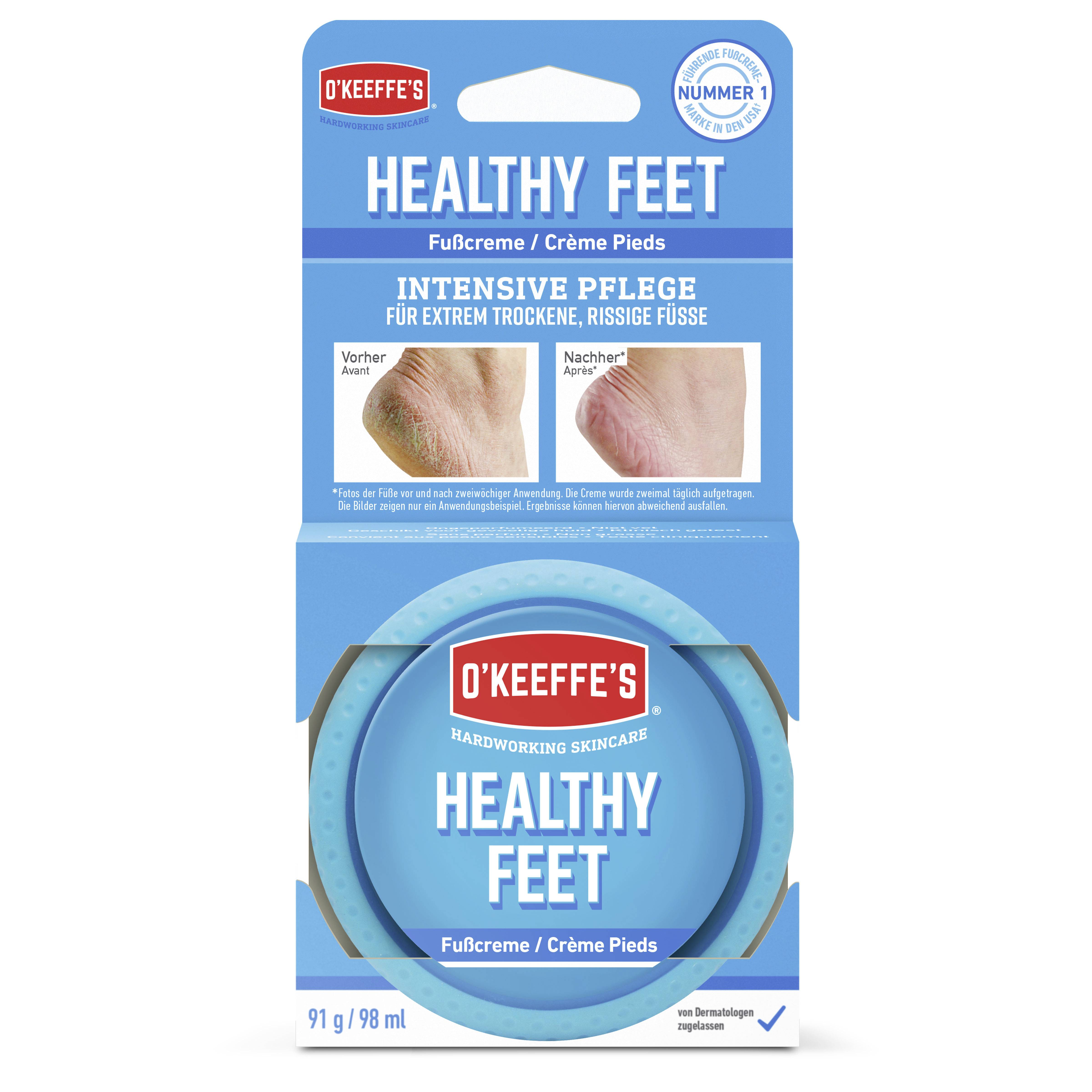Obal krému O'Keeffe's Healthy Feet, zobrazující fotografie před a po použití pro suchou, popraskanou pokožku nohou, slibuje intenzivní péči.
