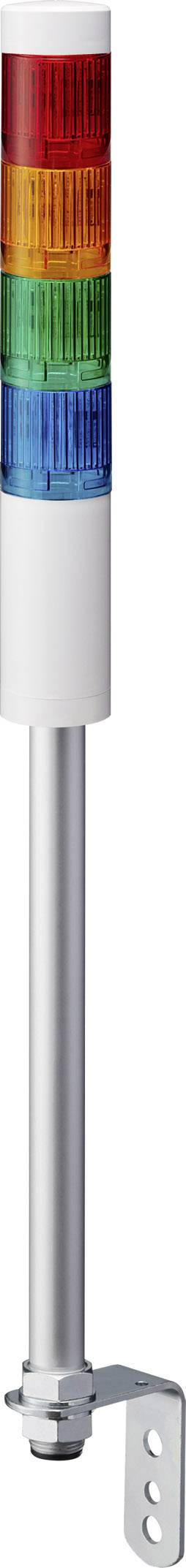 Signálový sloup se čtyřmi horizontálními světelnými segmenty v barvách červené, oranžové, zelené a modré, namontovaný na kovovém sloupu.
