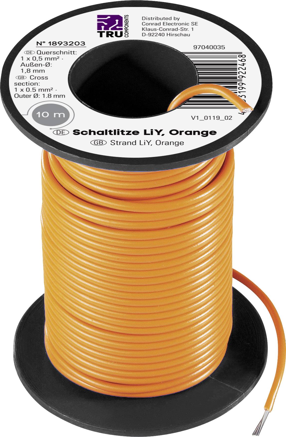 Oranžová instalační vodič na cívce, sekce 1 x 0,5 mm², délka 10 m, vnější průměr 1,8 mm, na černé cívce pro elektroniku.