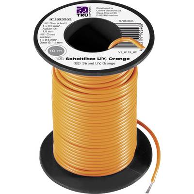 Oranžová instalační vodič na cívce, sekce 1 x 0,5 mm², délka 10 m, vnější průměr 1,8 mm, na černé cívce pro elektroniku.