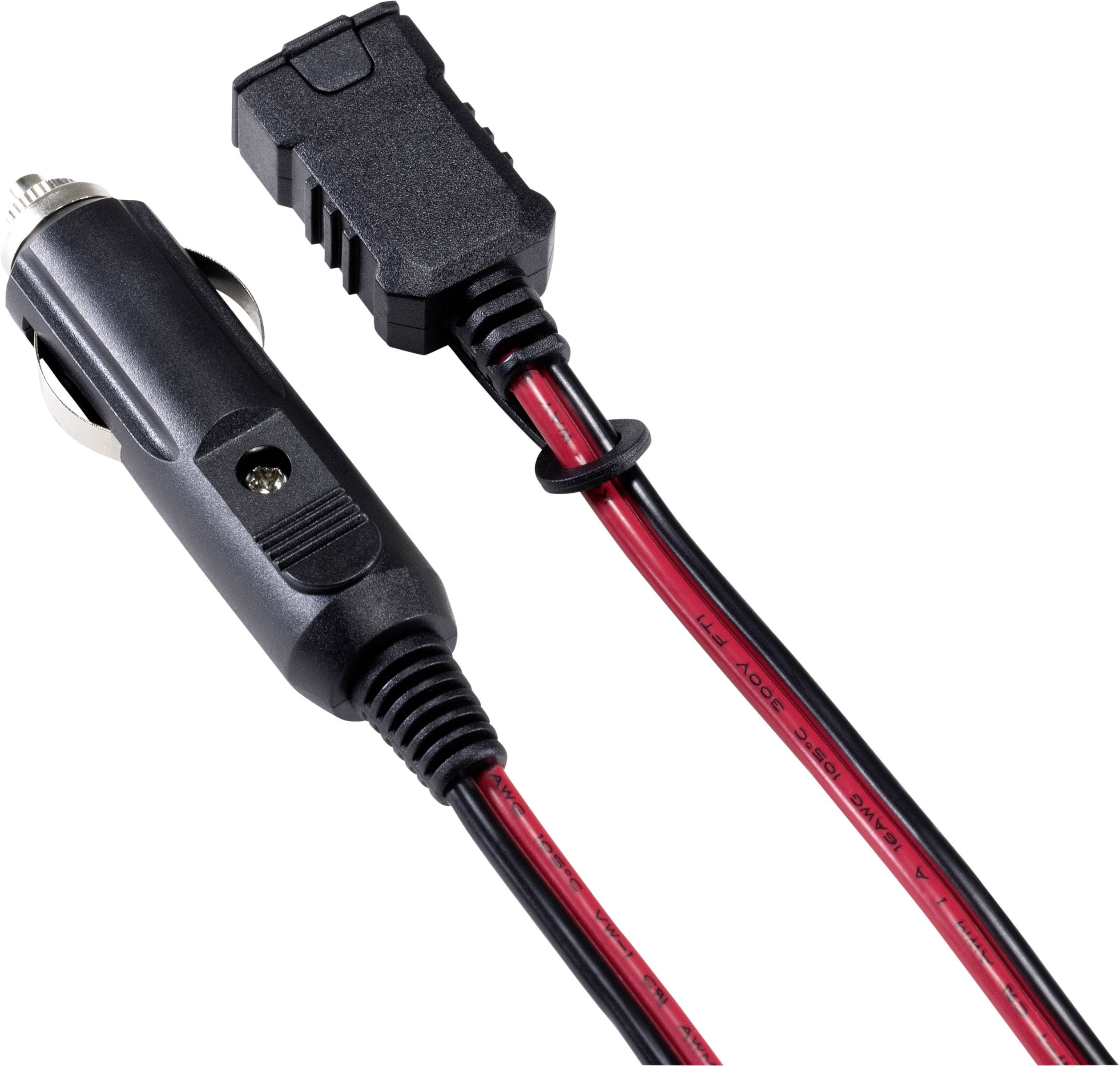 Černočervený napájecí kabel se zástrčkou do autozapalovače a přívodní zásuvkou, vhodný pro napájení zařízení v automobilu.