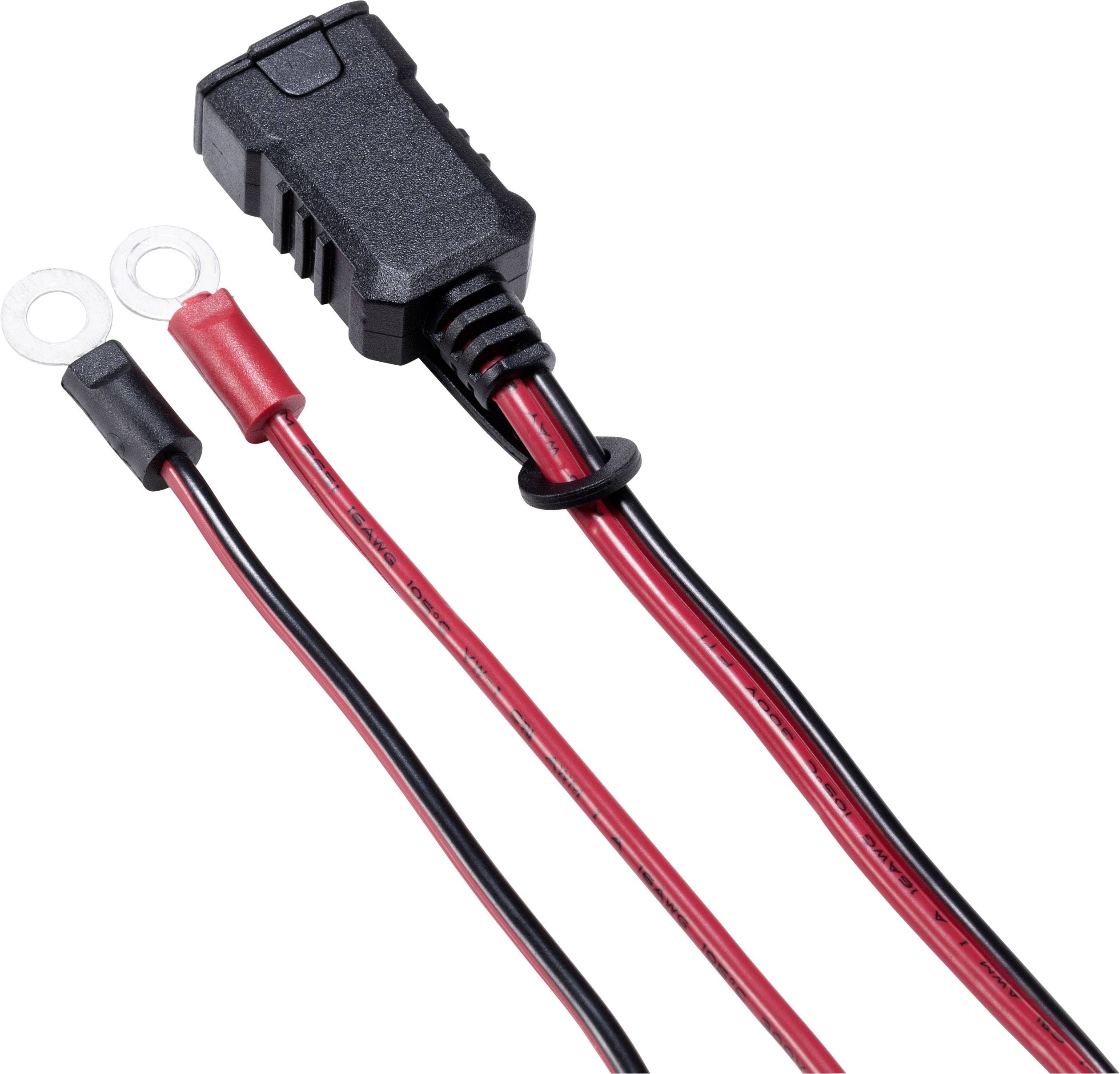 Dvoužilový napájecí kabel s držákem pojistky a kruhovými konektory, vhodný pro elektrická připojení a baterie.