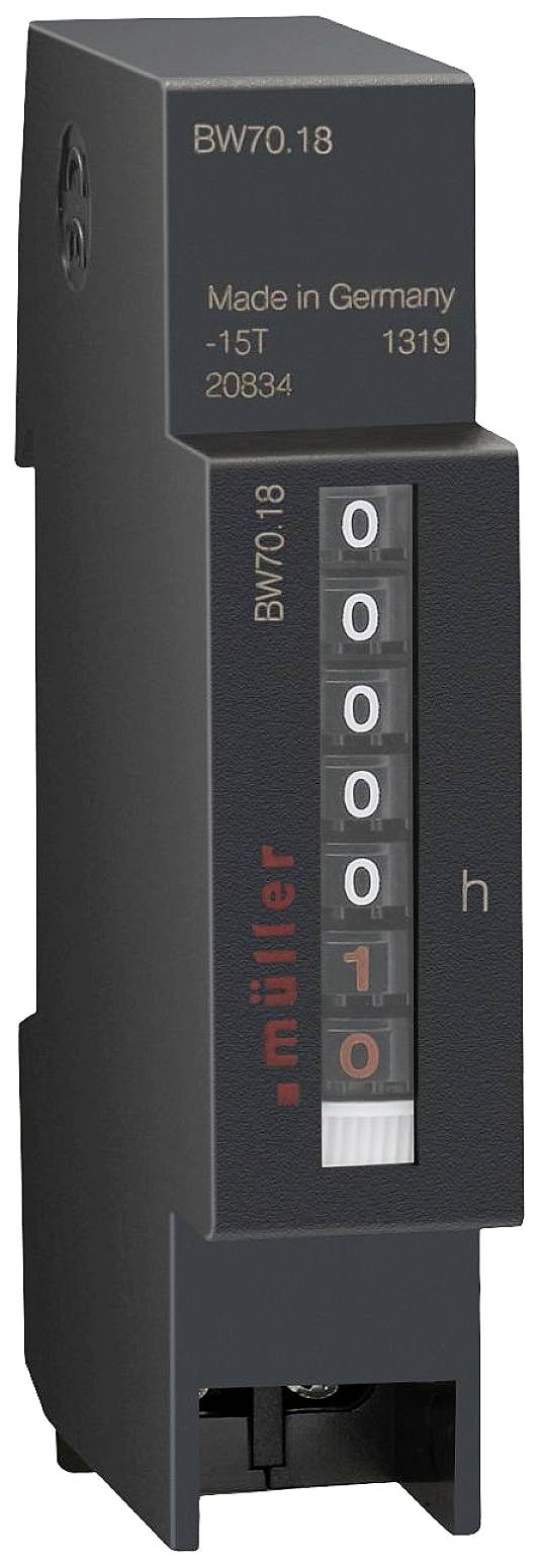 Hodinový voltmetr s numerickým válcovým displejem, zobrazuje '10'. Označen štítkem 'müller', číslo modelu BW70.18, 'Vyrobeno v Německu'.