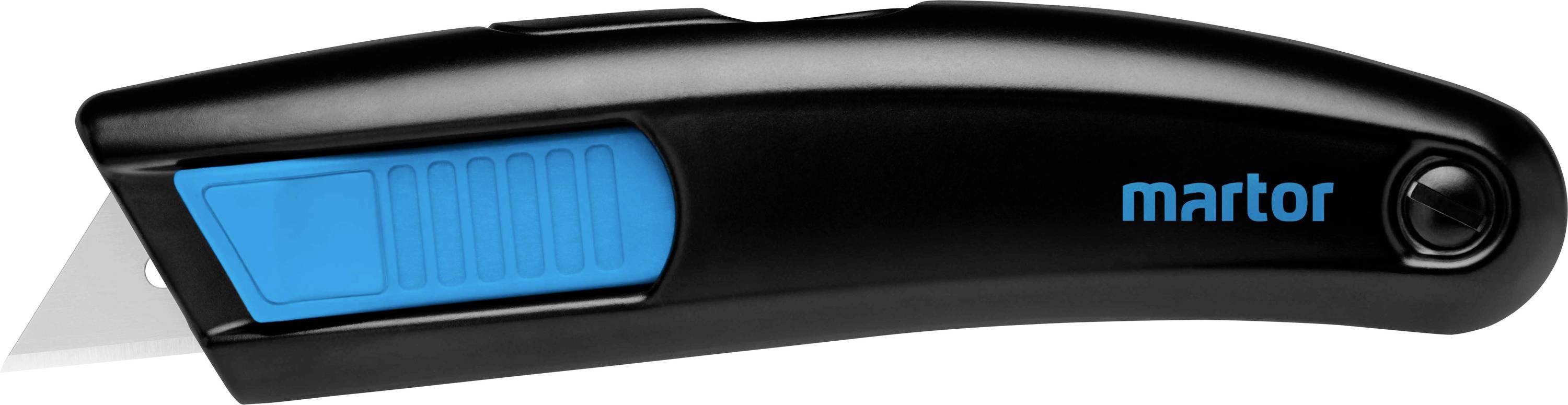Černý bezpečnostní řezák s modrou bezpečnostní čepelí, ergonomicky navržený, na straně je viditelné logo 'martor'.