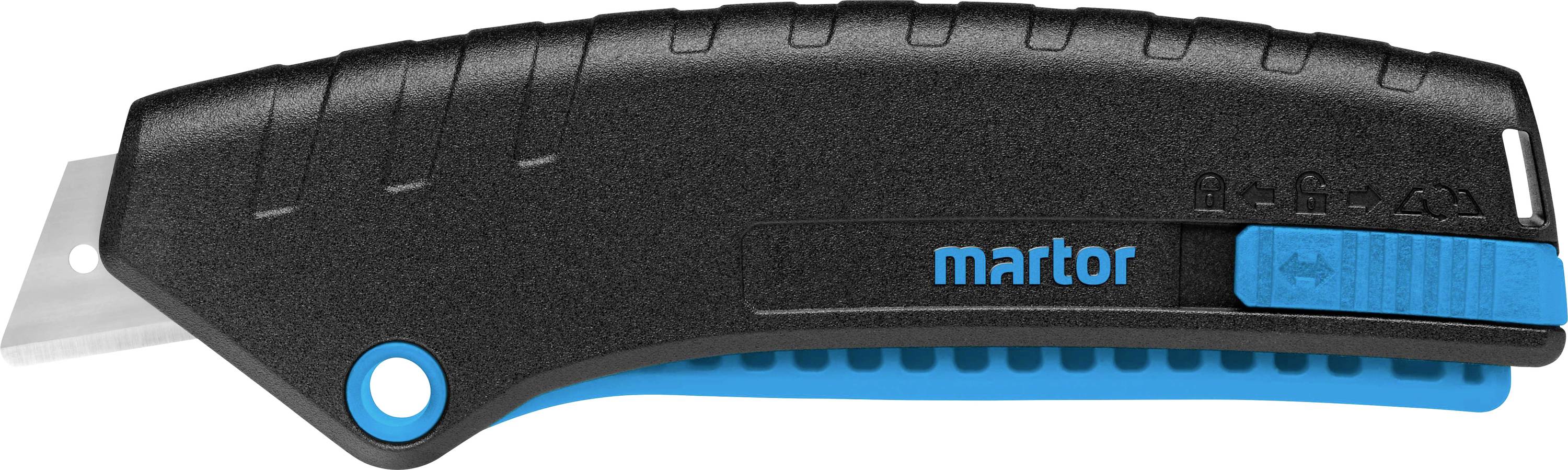 Černý bezpečnostní nůž s modrým posuvníkem a čepelí, na které je napsáno jméno 'martor'.