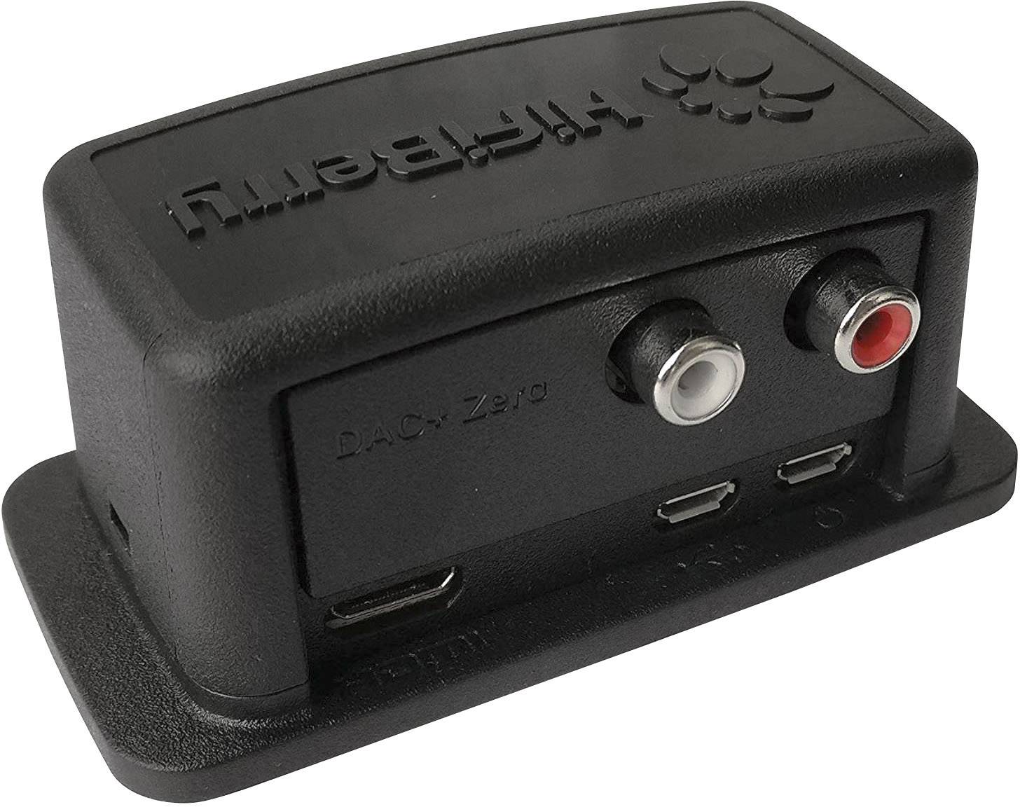 Černý kryt s audio konektory, na kterém je napsáno 'DAC+ Zero'; vhodný pro rozšíření audio funkcí zařízení.