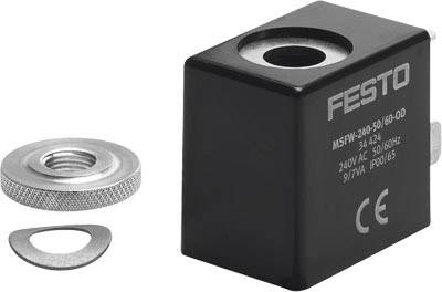 Magnetický ventilový cívkový blok od společnosti Festo s označením CE, model MSFW-230-50/60-OD. Součástí dodávky je podložka a šestihranná matice.