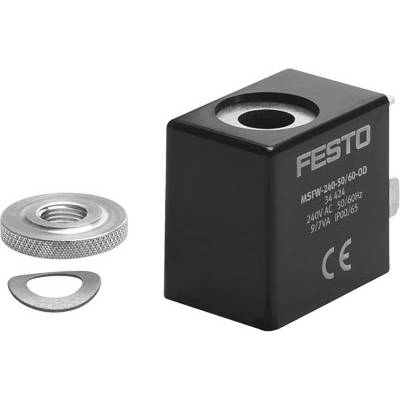 Magnetický ventilový cívkový blok od společnosti Festo s označením CE, model MSFW-230-50/60-OD. Součástí dodávky je podložka a šestihranná matice.
