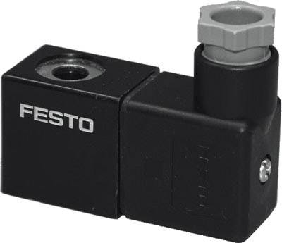 Černý pneumatický magnetický ventil s nápisem 'Festo' na levé straně, obdélníkový tvar, šedý konektor nahoře.