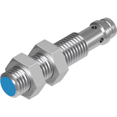Kovový čep se dvěma maticemi a modrým koncem, pravděpodobně součást strojního nebo vozidlového mechanismu.