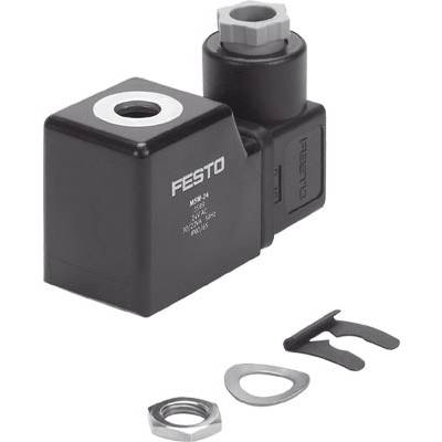 Elektromagnetický ventil Festo s černým krytem, připojovacím otvorem nahoře a malými kovovými díly pro montáž vedle něj.