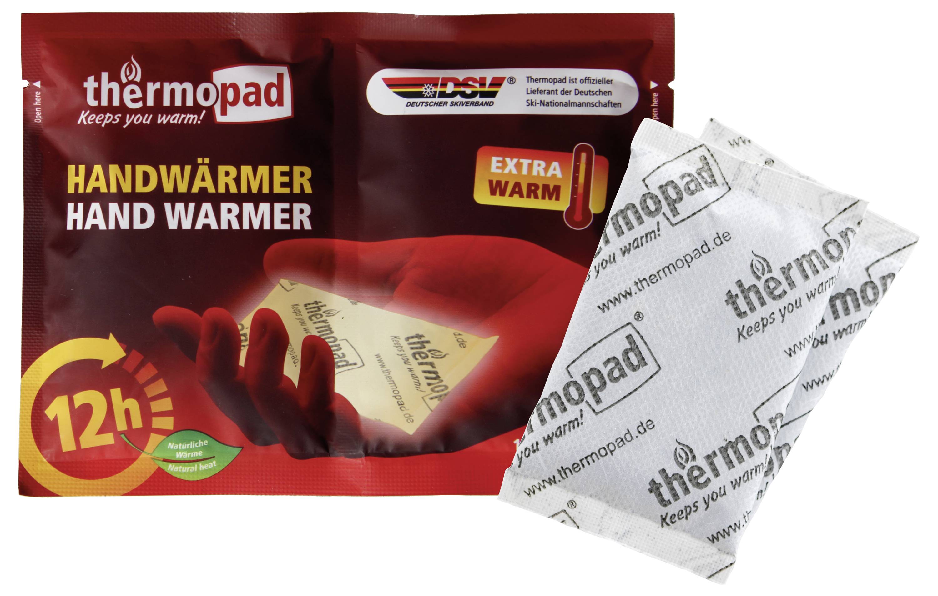 Balení ohřívacího polštku Thermopad se zobrazením červeného polštku na ohřev '12h' a bílě zabalený jednotlivý sáček vedle něj.
