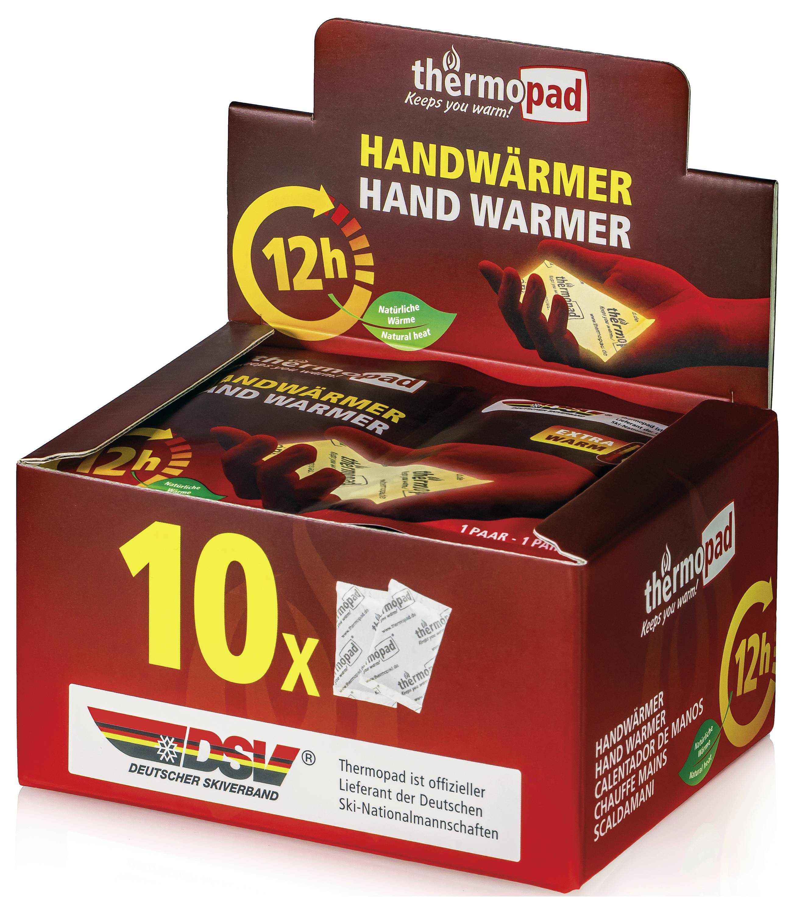 Krabice k vystavení tepelných polštářků Thermopad, označená „12h" a „10x", s logem Německé lyžařské federace na přední straně.