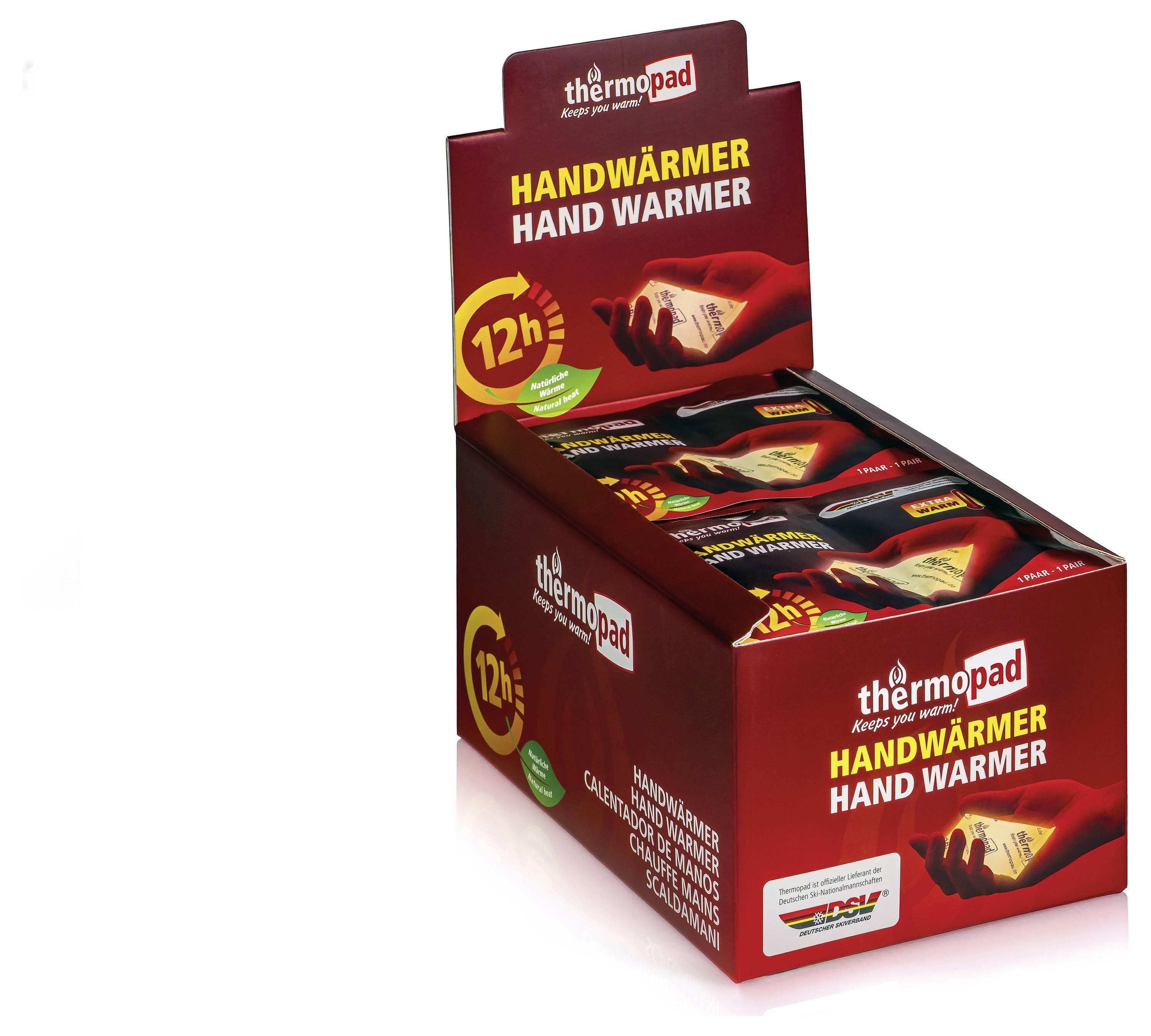 Zobrazovací krabice termopadů do rukou, červené balení označené „HANDWÄRMER / HAND WARMER" a „12h", s jednotlivými balíčky ohřívačů uvnitř.