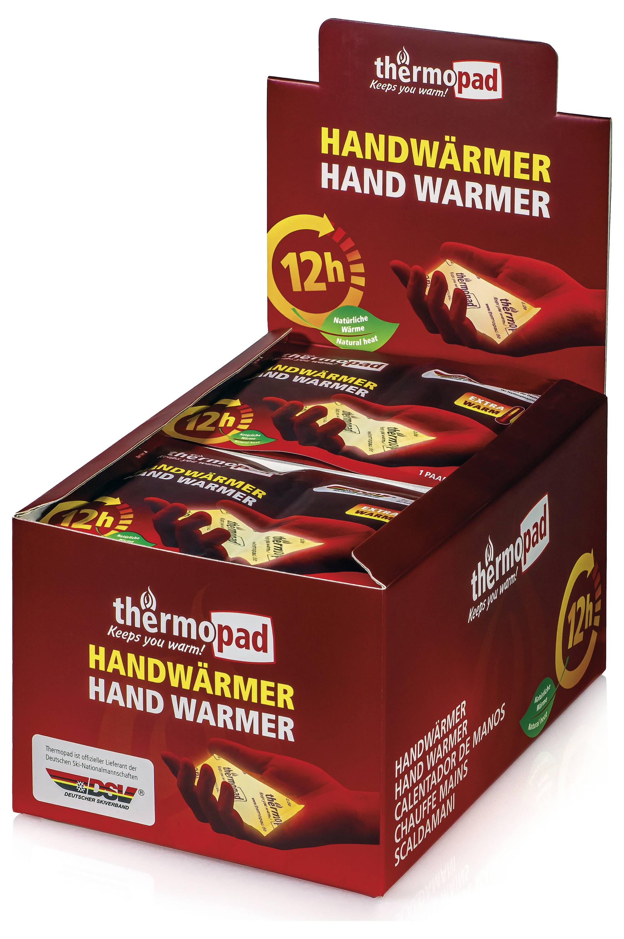 Zobrazovací krabice ohřívačů rukou Thermopad, červené balení označené „HANDWÄRMER / HAND WARMER" a „12h", zobrazující jednotlivé balíčky pro zahřívání.