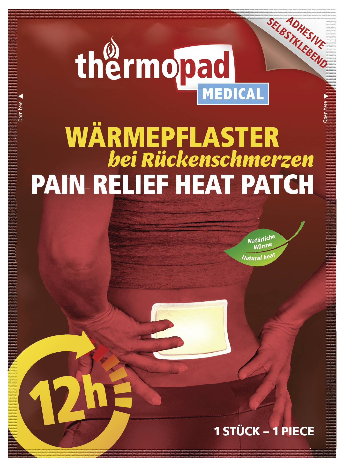 Thermopad Medical náplast na bolest a zahřívání v krabici označené 'Wärmeplaster', 'Pain Relief Heat Patch' a '5x Stück/Pieces', s dobou trvání 12 hodin a odznakem sterilní adhezivní náplasti.