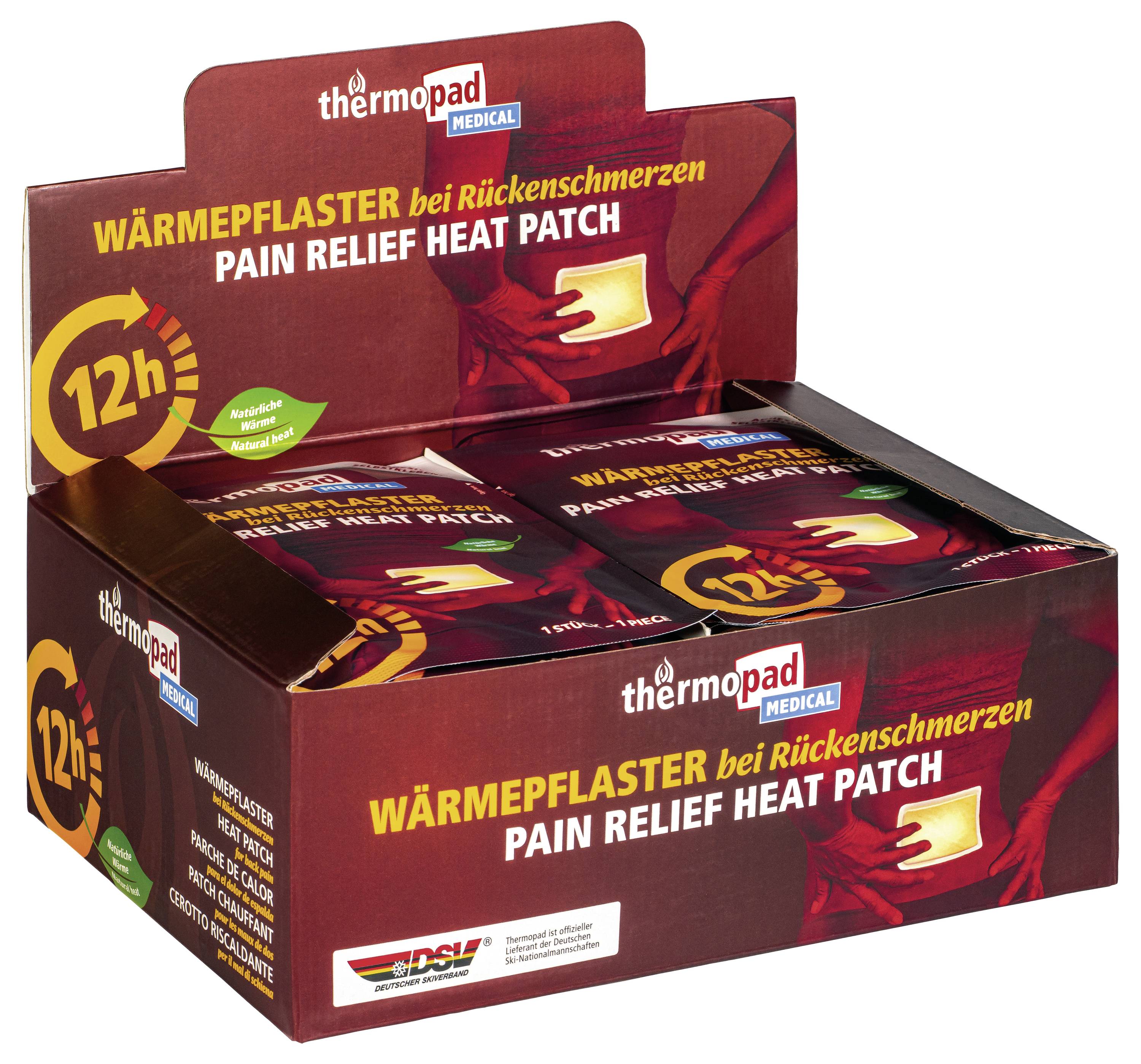Krabice termálních náplastí Thermopad Medical na úlevu od bolesti, označená 'WÄRMEPLASTER bei Rückenschmerzen' a 'PAIN RELIEF HEAT PATCH', s indikací 12hodinového tepla.