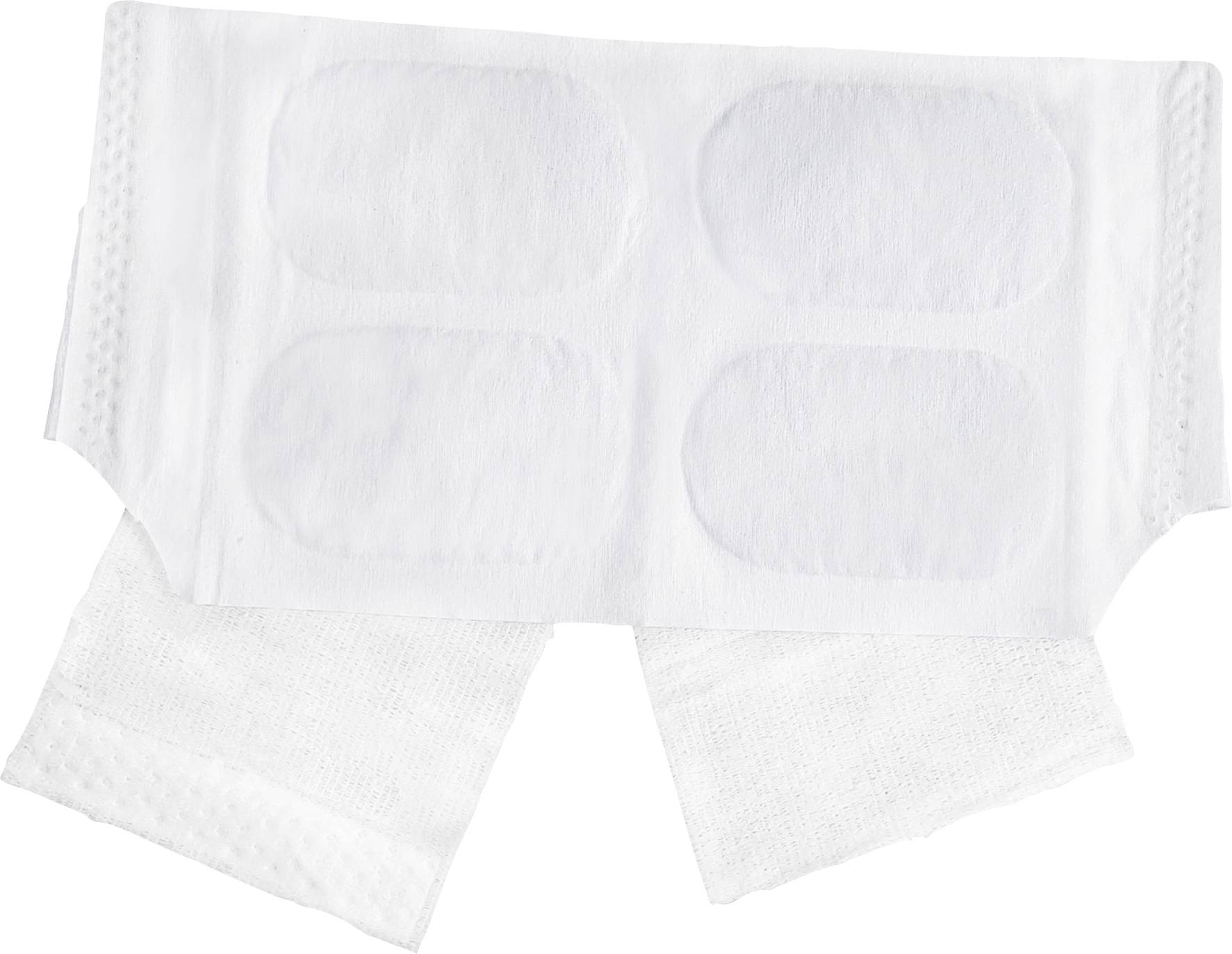 Bílá absorpční podložka nebo vložka do jednorazové plenky se dvěma připevněnými nohavičkami na prostém pozadí.
