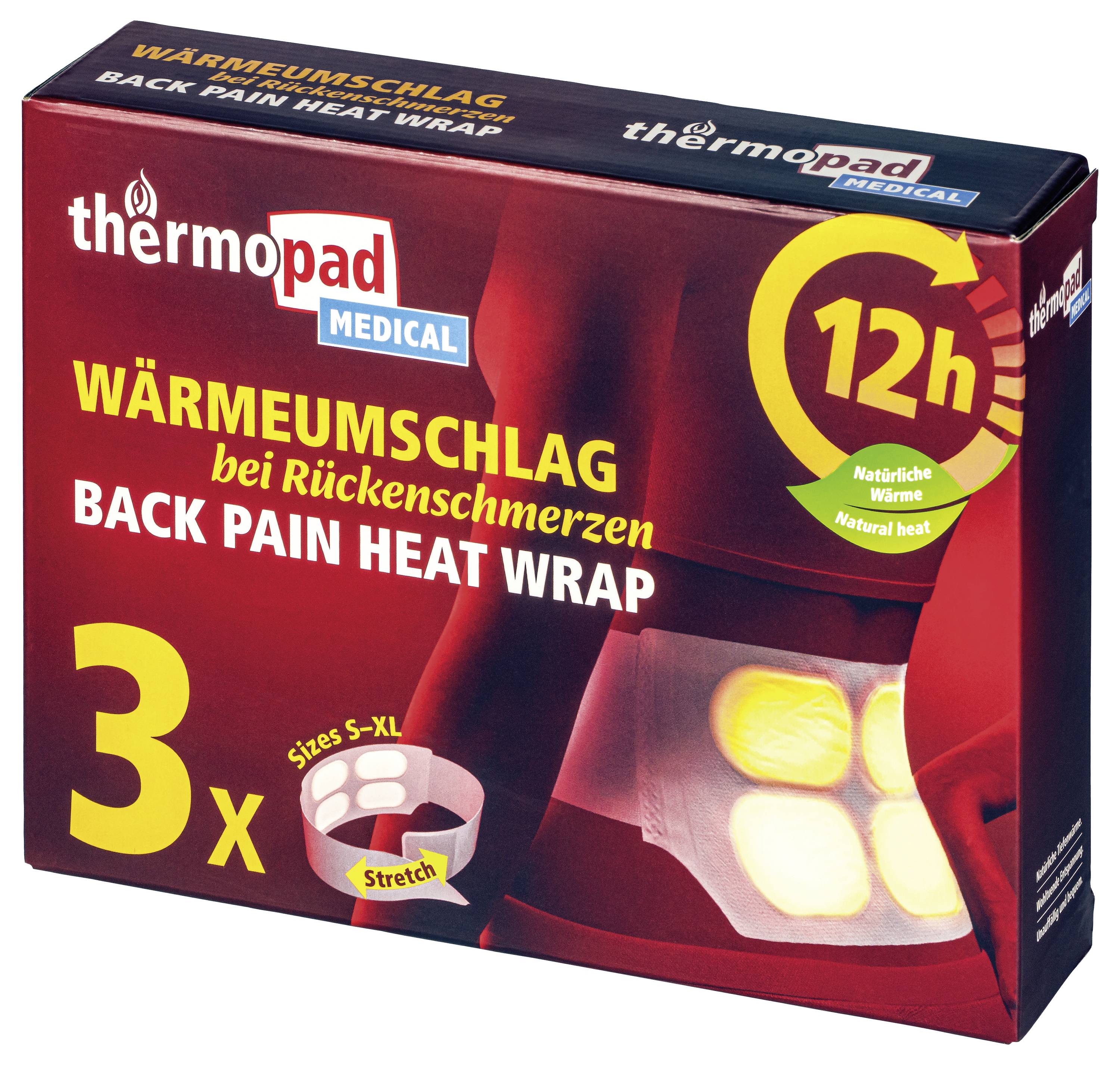 Krabice tepelných náplastí Thermopad Medical pro bolest zad, zobrazující 3 náplasti, 12hodinové přírodní teplo, velikosti S-XL elastické, na úlevu od bolesti zad.