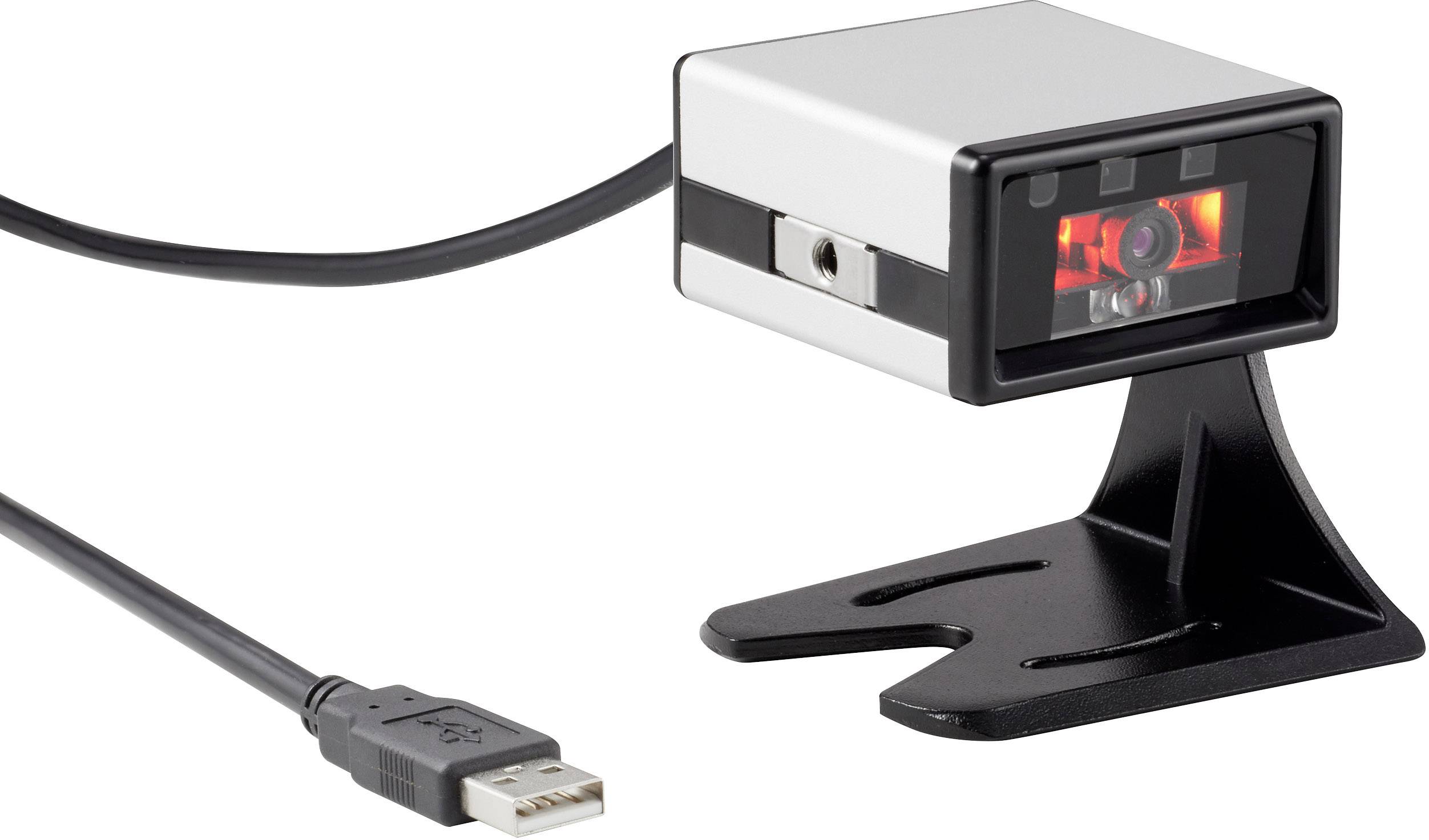 USB skener s černou základnou a stříbrným tělem; slouží ke čtení čárových kódů a je připojen pomocí kabelu.