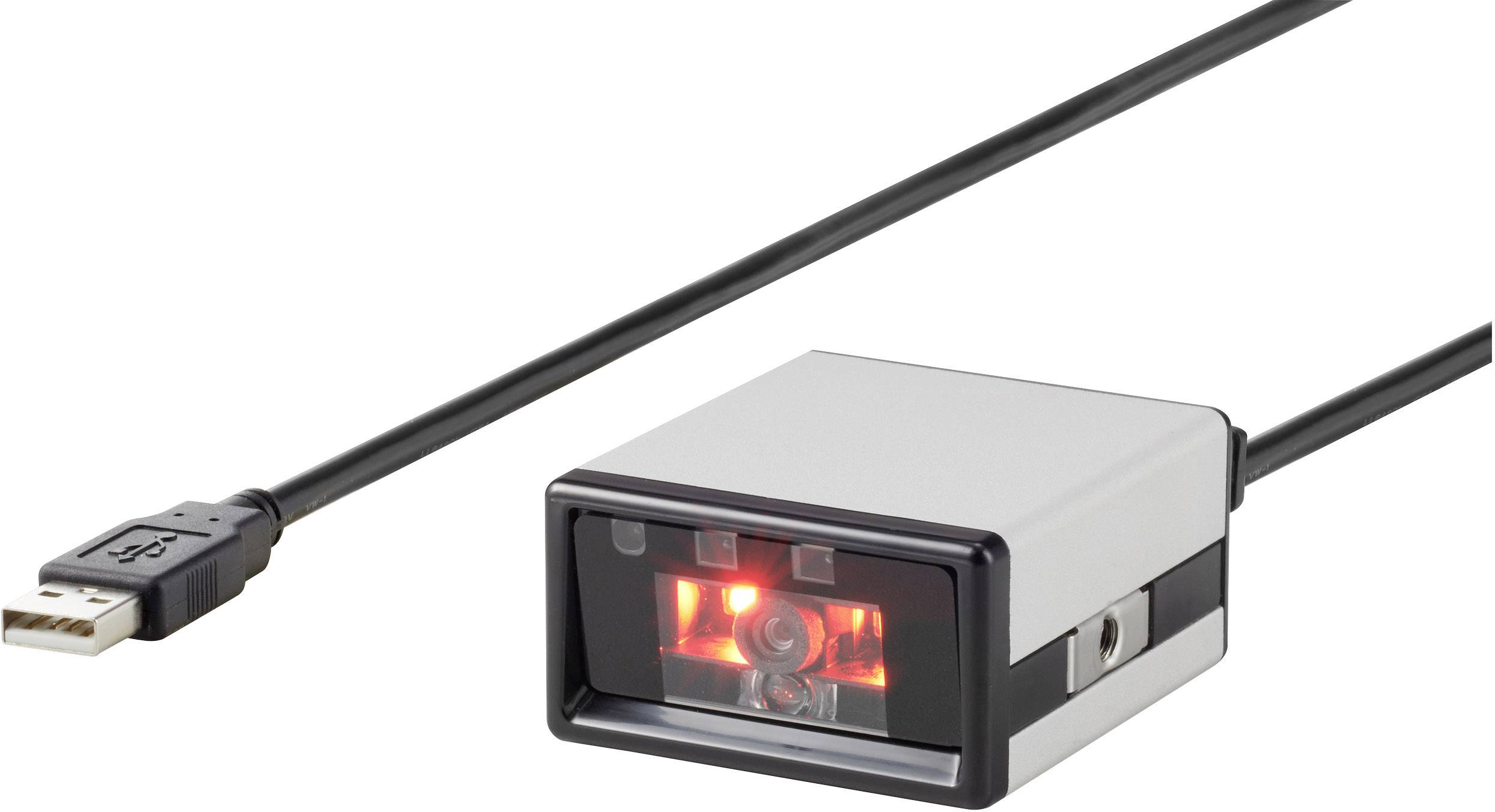 Čtvercový stříbrný čtečka čárových kódů s černým rámečkem a červeným světlem, připojená pomocí USB kabelu.