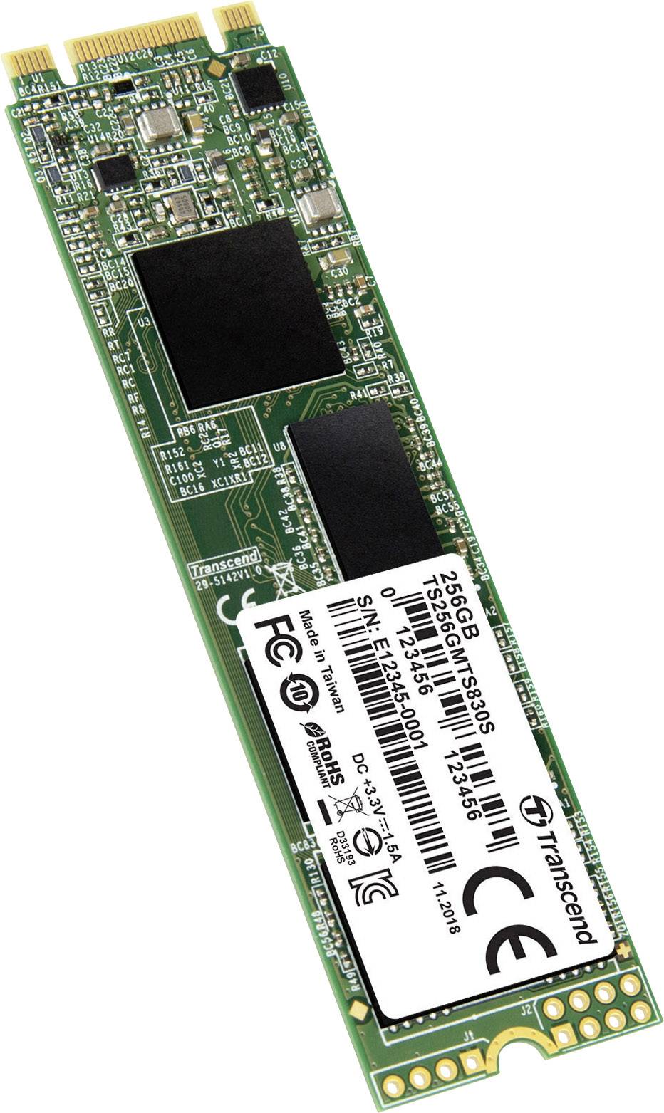 Zelený disk SSD M.2 od společnosti Transcend s kapacitou 256 GB, zobrazující typické komponenty a obvody na desce plošných spojů.