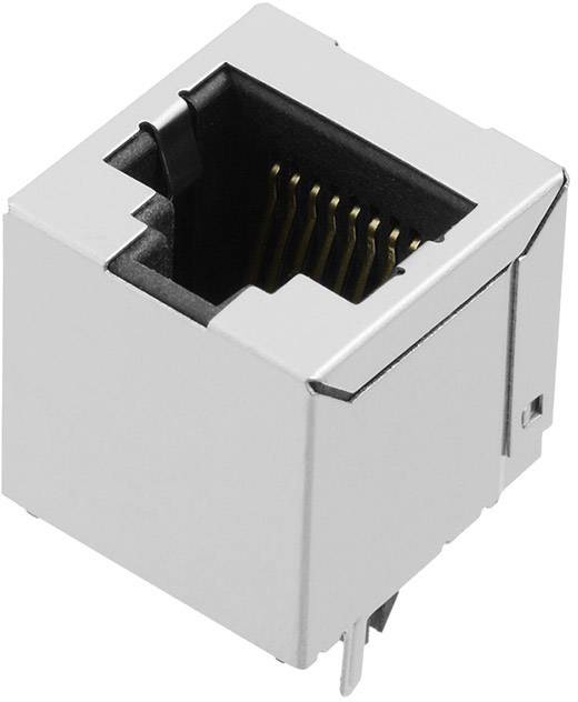 Stříbrná ethernetová zásuvka s několika zlatými připojovacími kolíky uvnitř. Používá se pro síťová připojení.