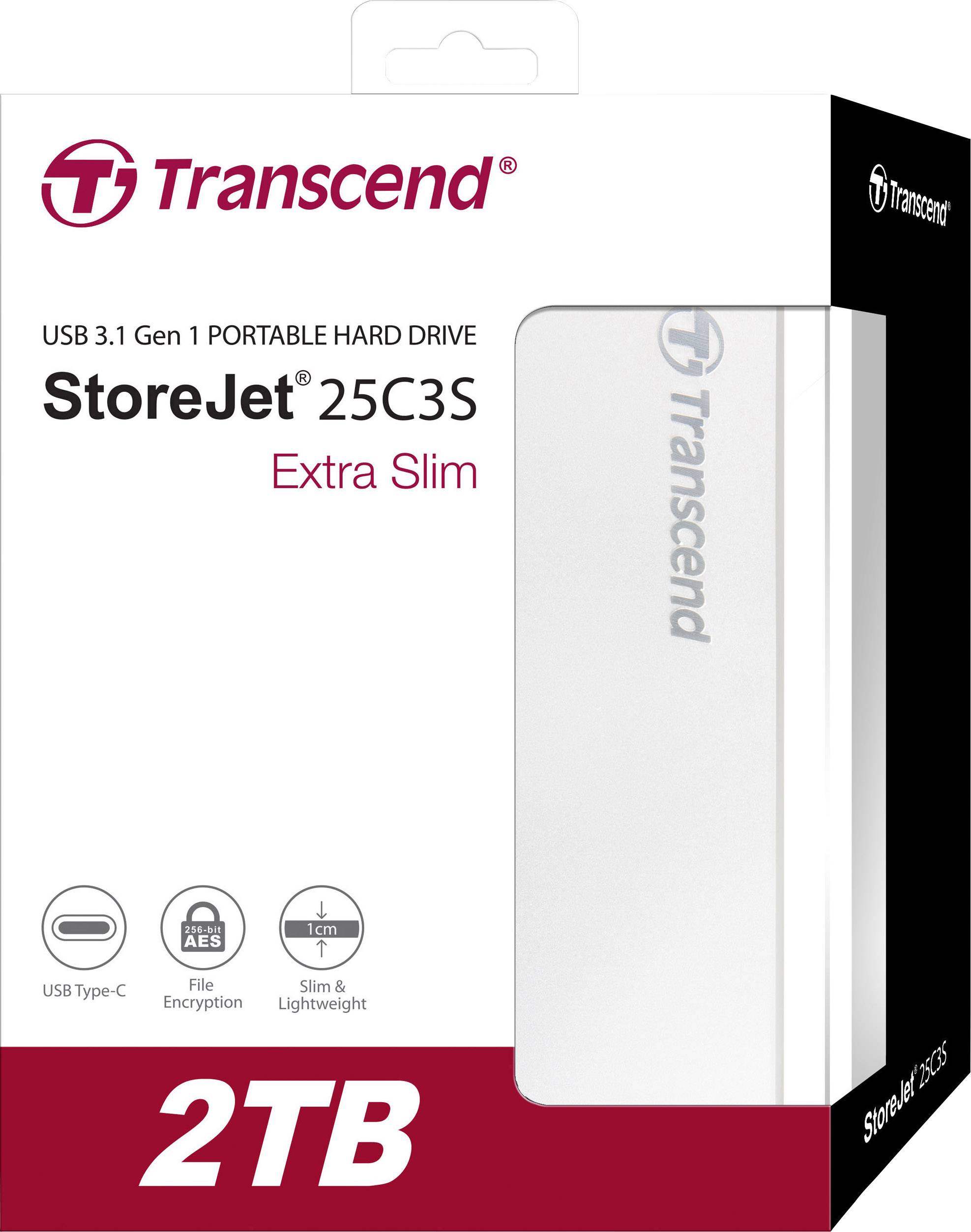 Externí pevný disk 'Transcend StoreJet 25C3S', USB 3.1 Gen 1, 2TB, štíhlý design. Funkce: USB Type-C, šifrování souborů.